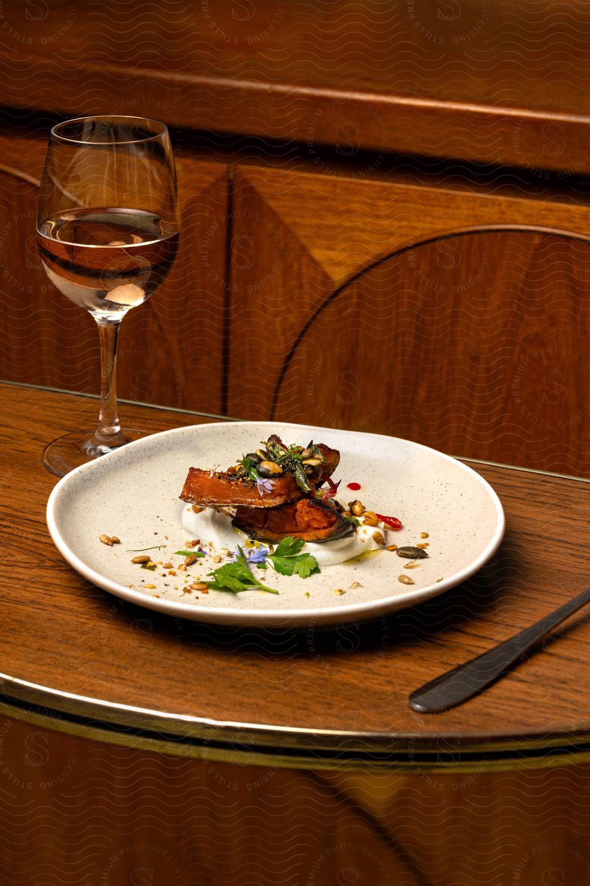 Stock photo of presentation of a dish on a wooden table with a glass of wine next to it