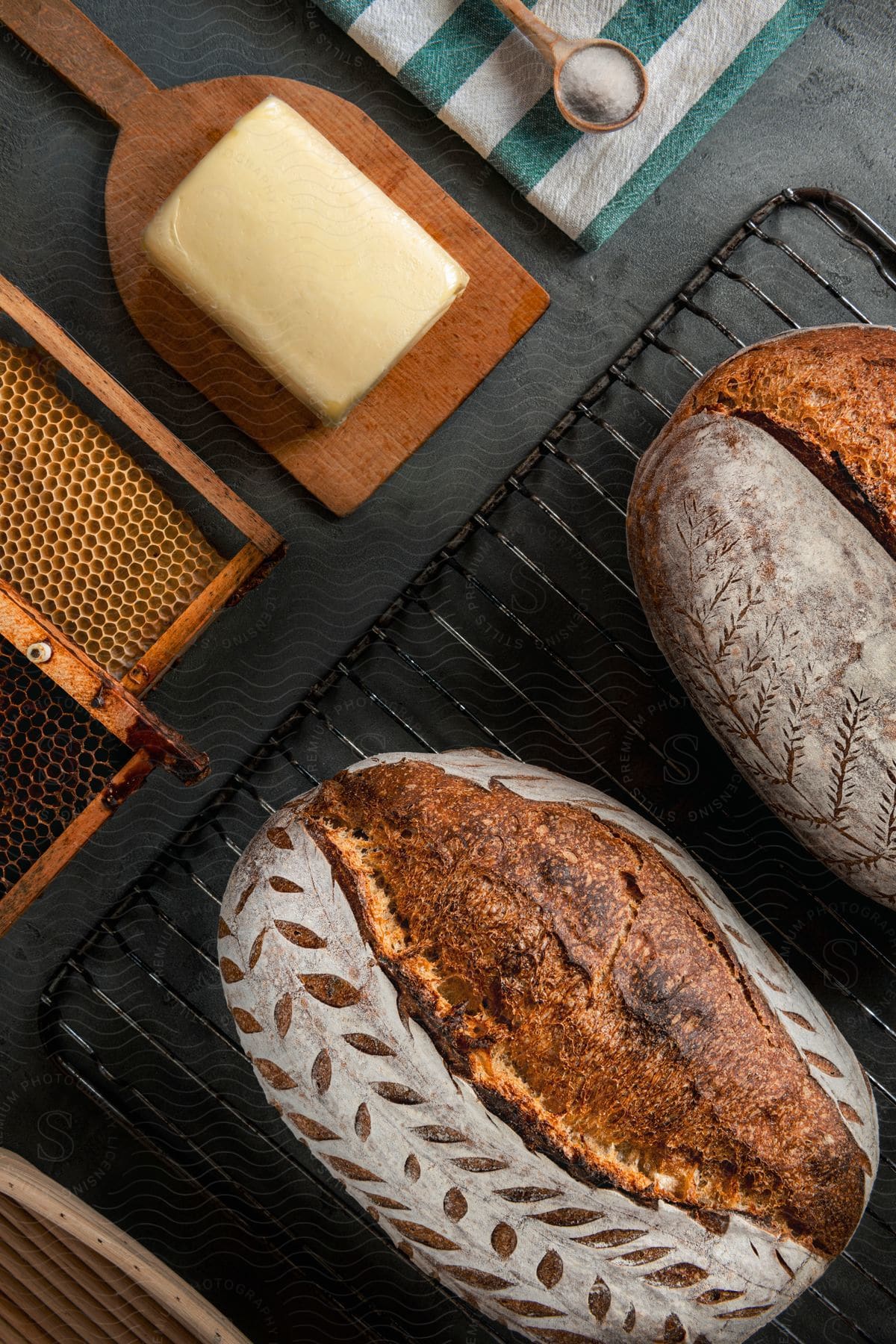 Fresh baked loaves of bread and butter