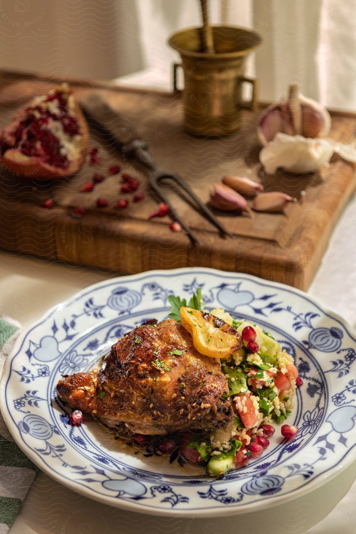 A plate of grilled chicken and salad, presented in a cozy, well-lit setting.