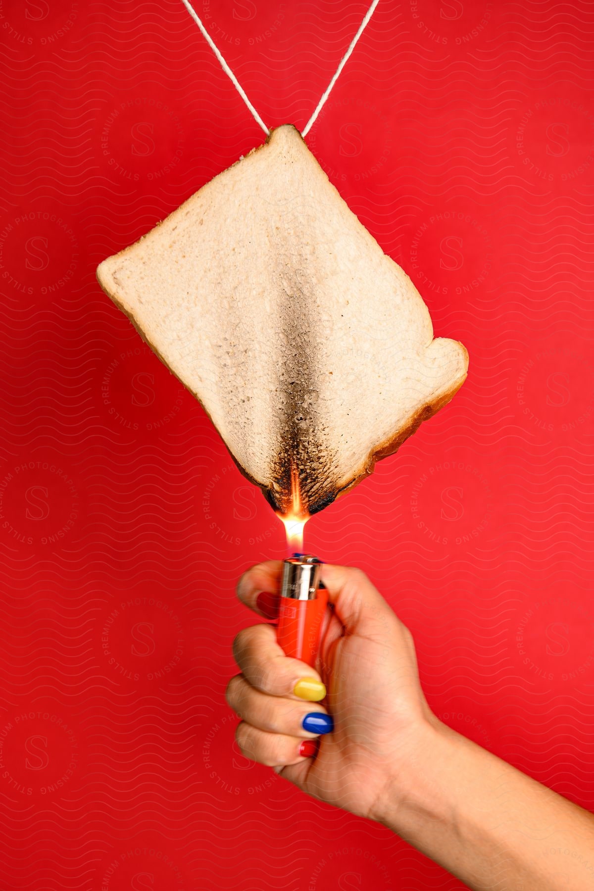 A slice of white bread being burned by a lighter.