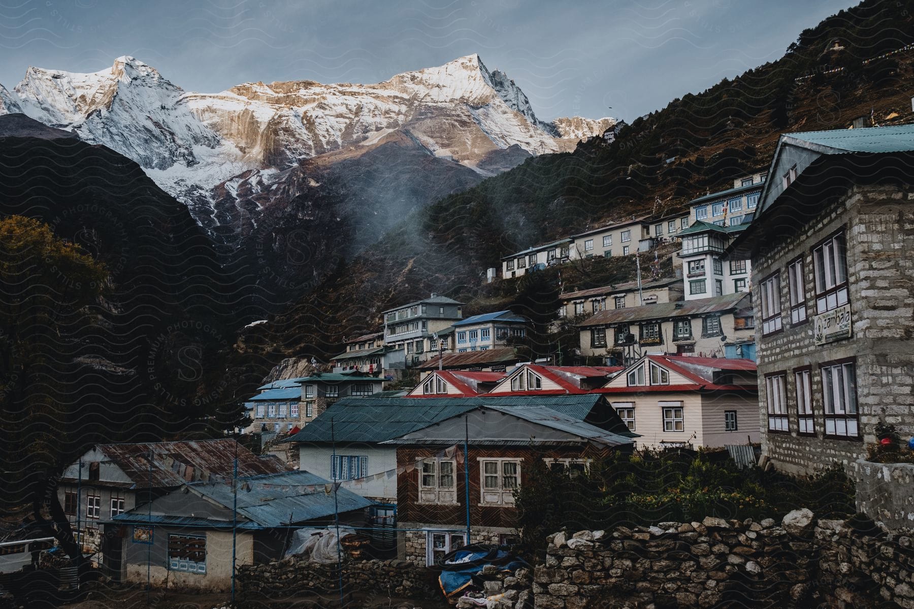 A village of houses is built into a hillside in front of a snow-covered mountain.