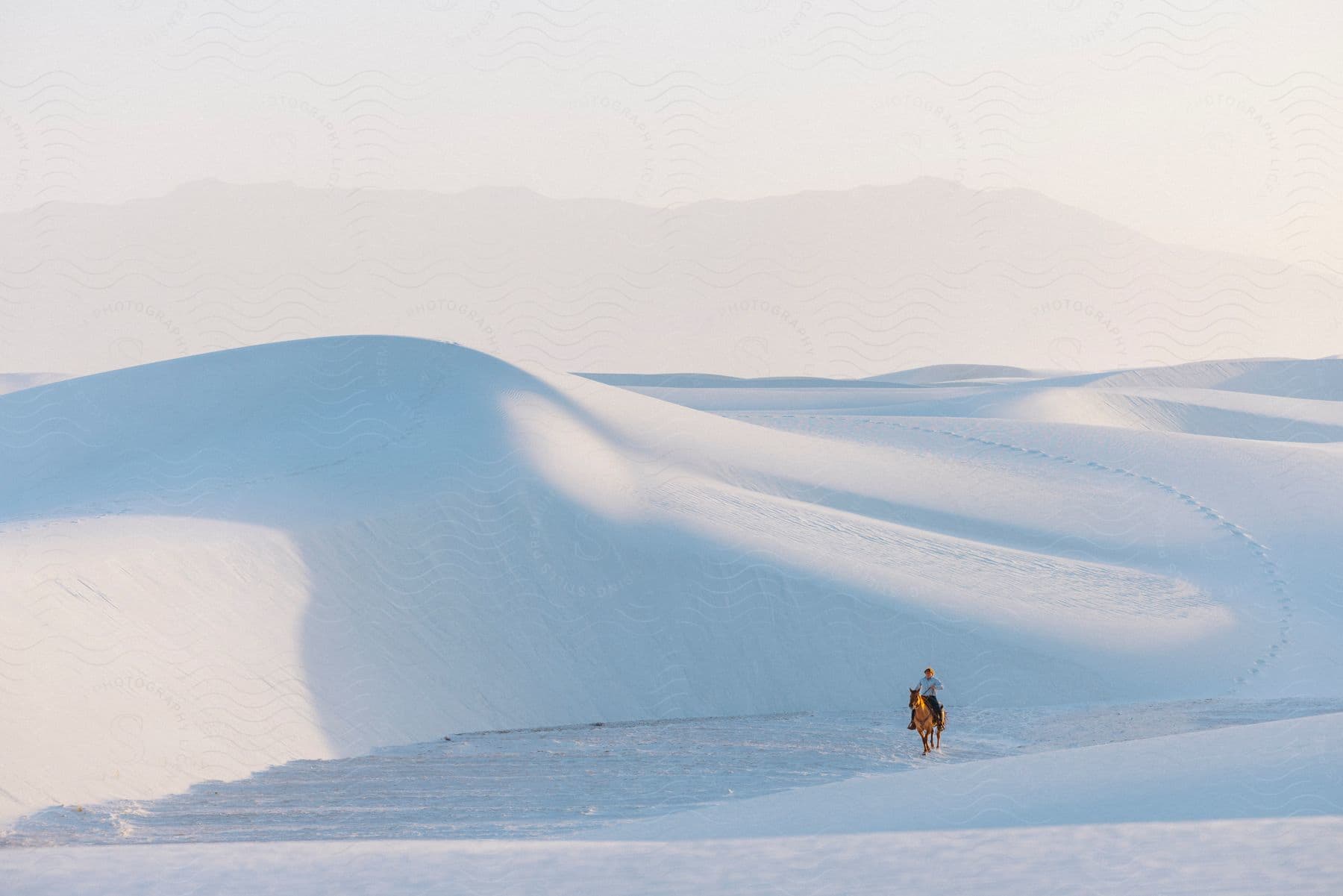 A serene and expansive landscape of white dunes. A lone individual walks under an animal in the distance, leaving footprints on the smooth surface of the dunes.