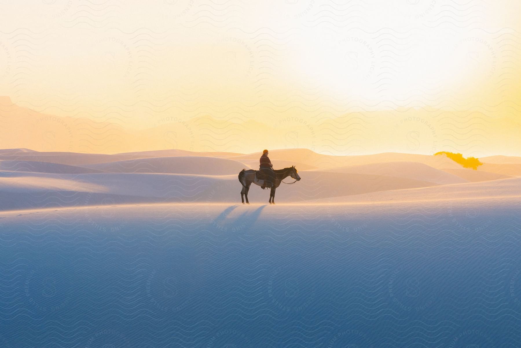 A woman sits on horseback on white sand desert at sunset.