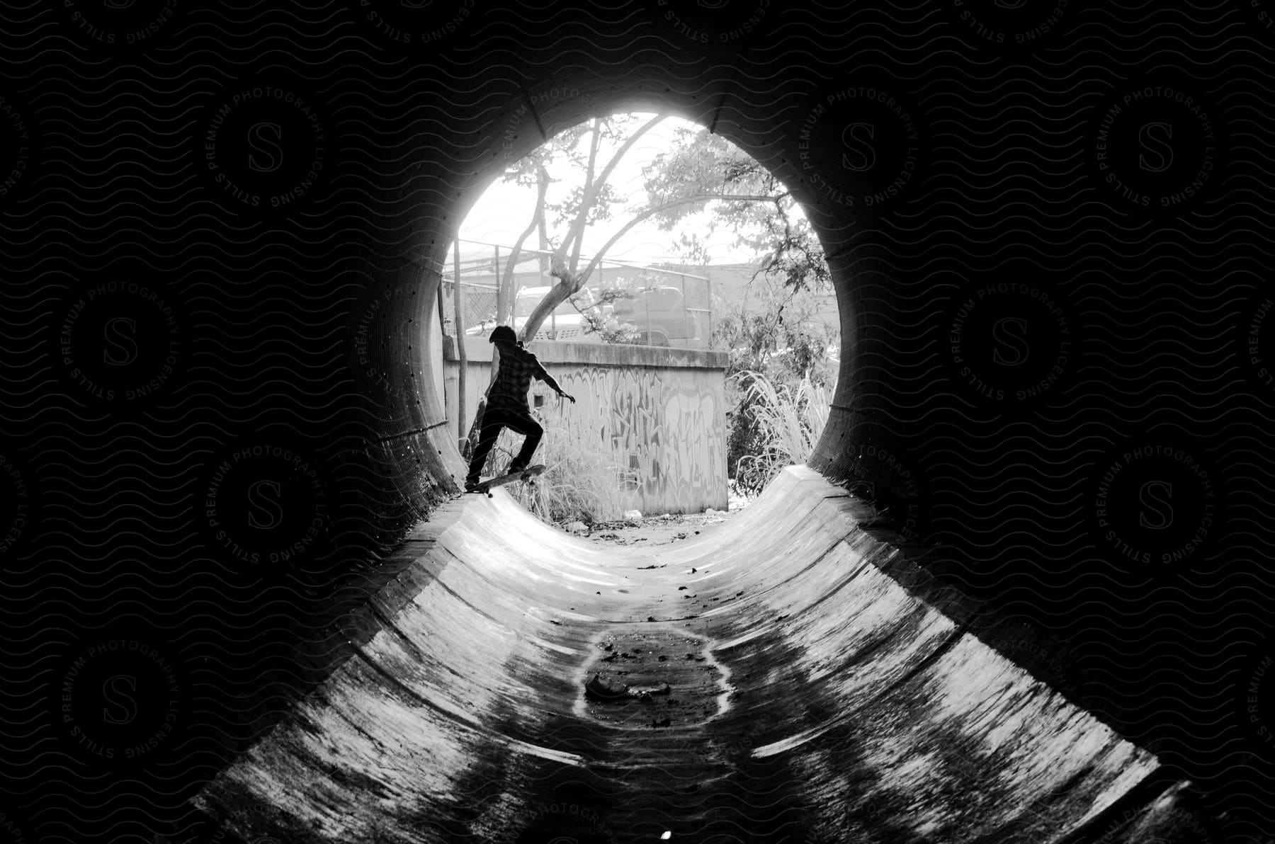 Silhouette of a person doing skateboarding tricks in a tunnel