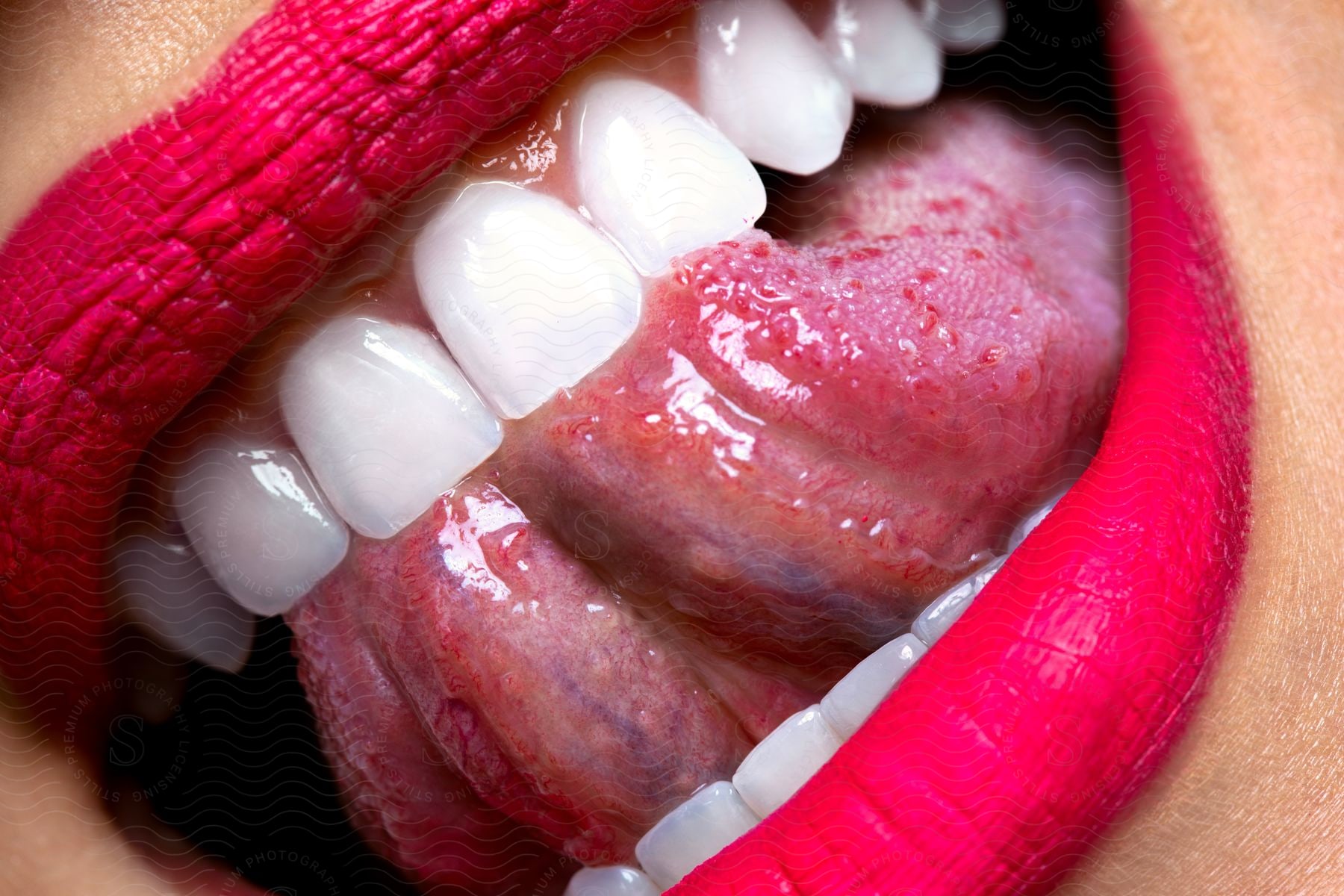 Close-up of a smile with pink lipstick and the tongue touching white teeth