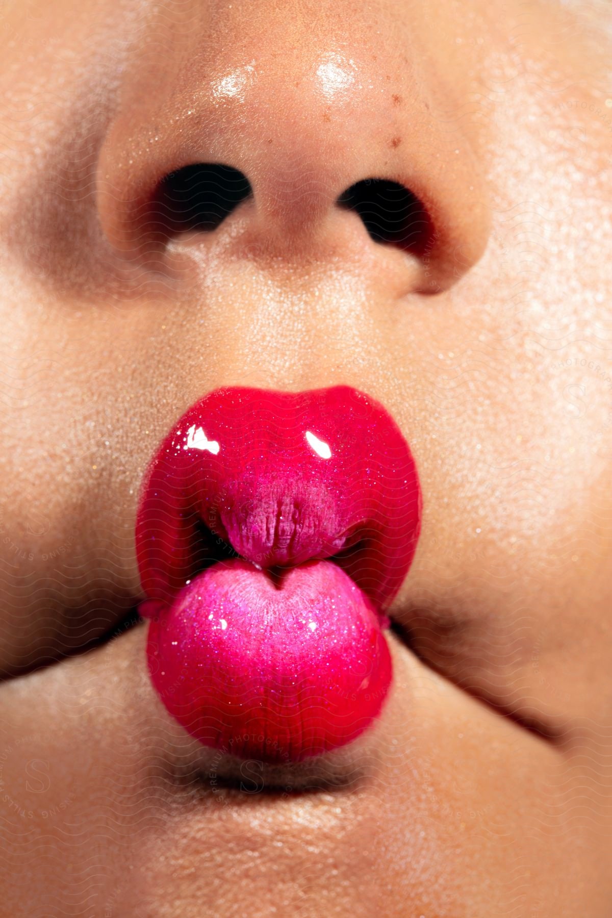 A close-up of a woman’s nose and lips with bright red lipstick and glossy skin