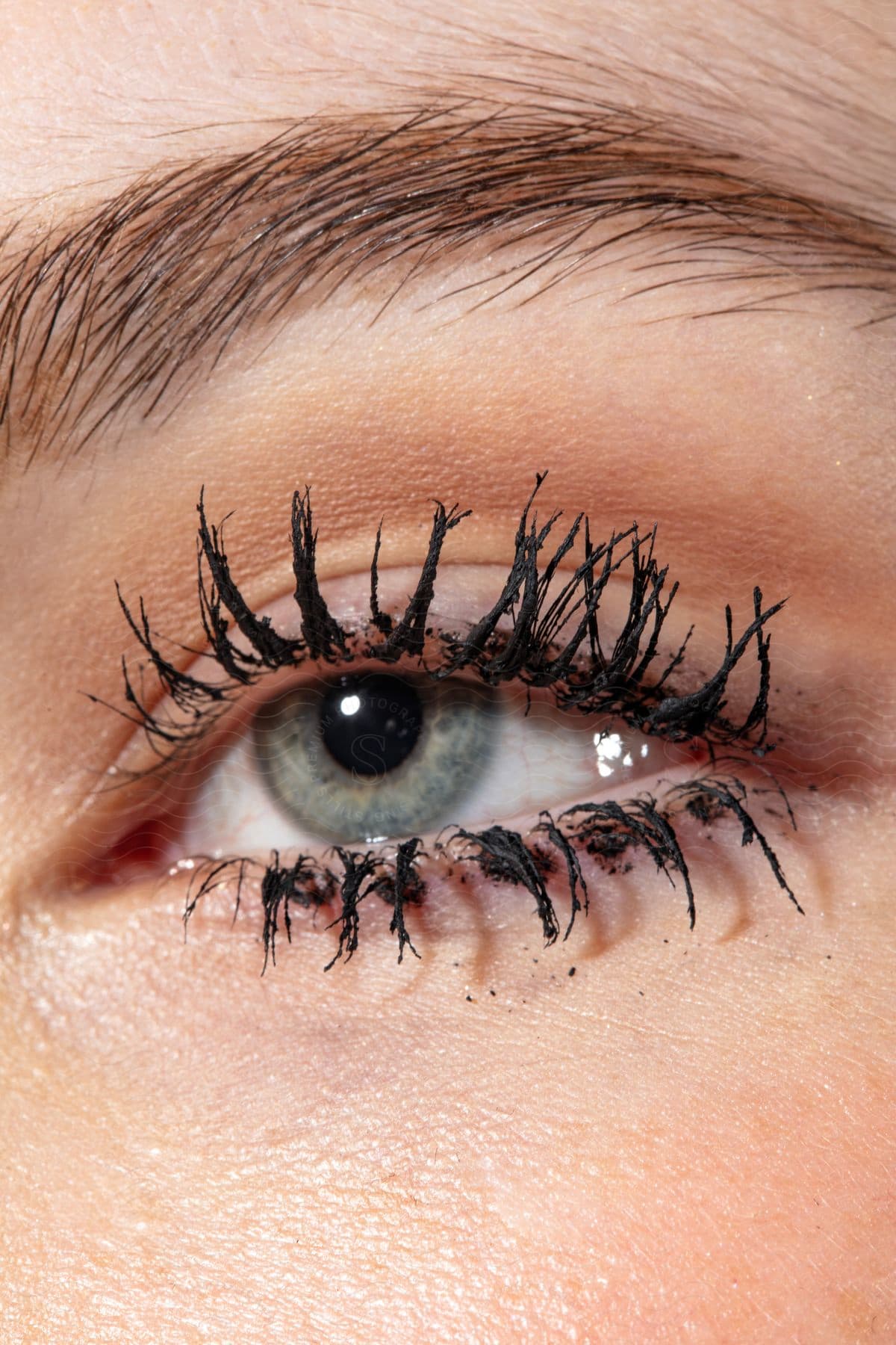 A female eye with a green iris and eyelashes painted black