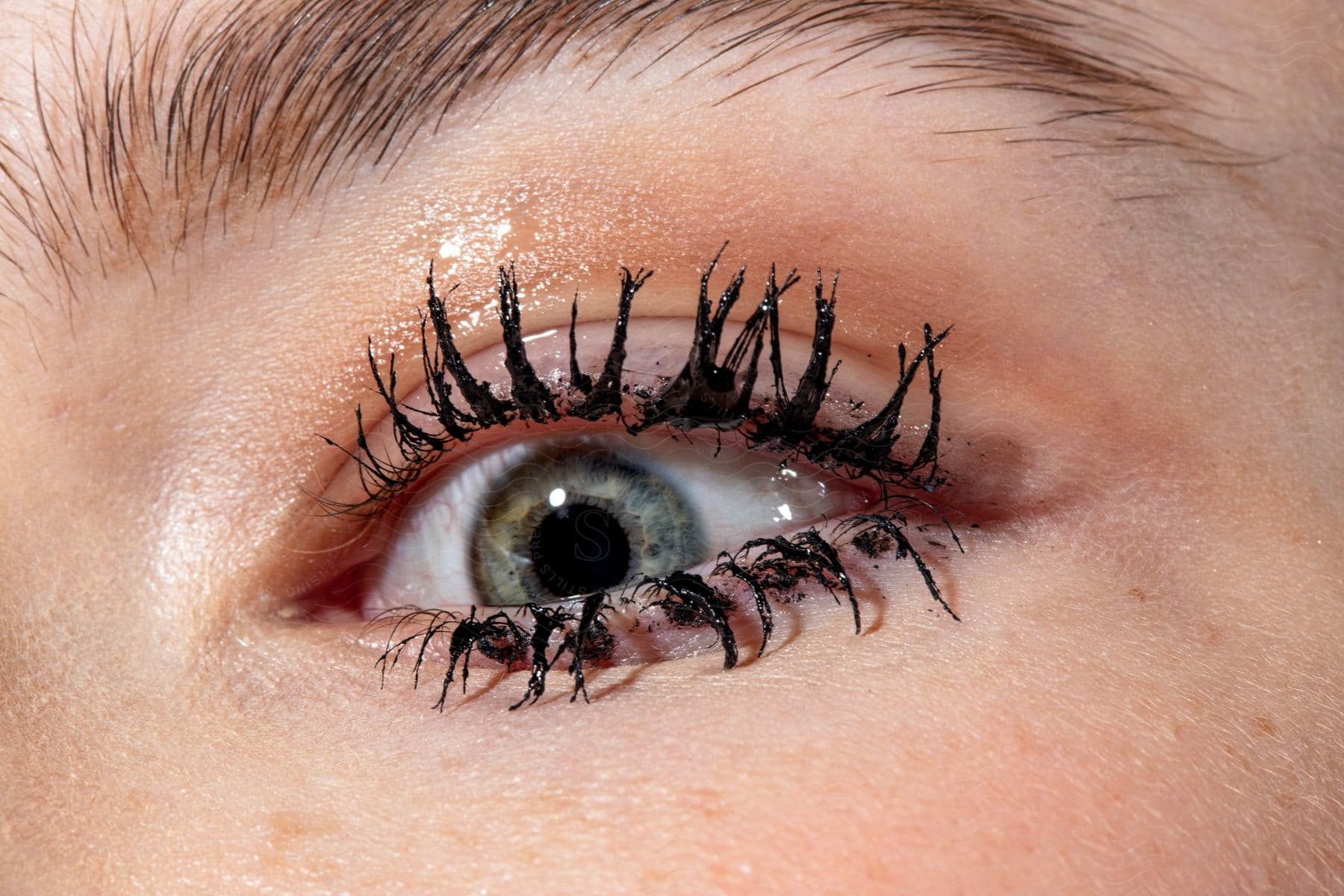 Close up view of a woman's eye as she wears heavy mascara on her eyelashes