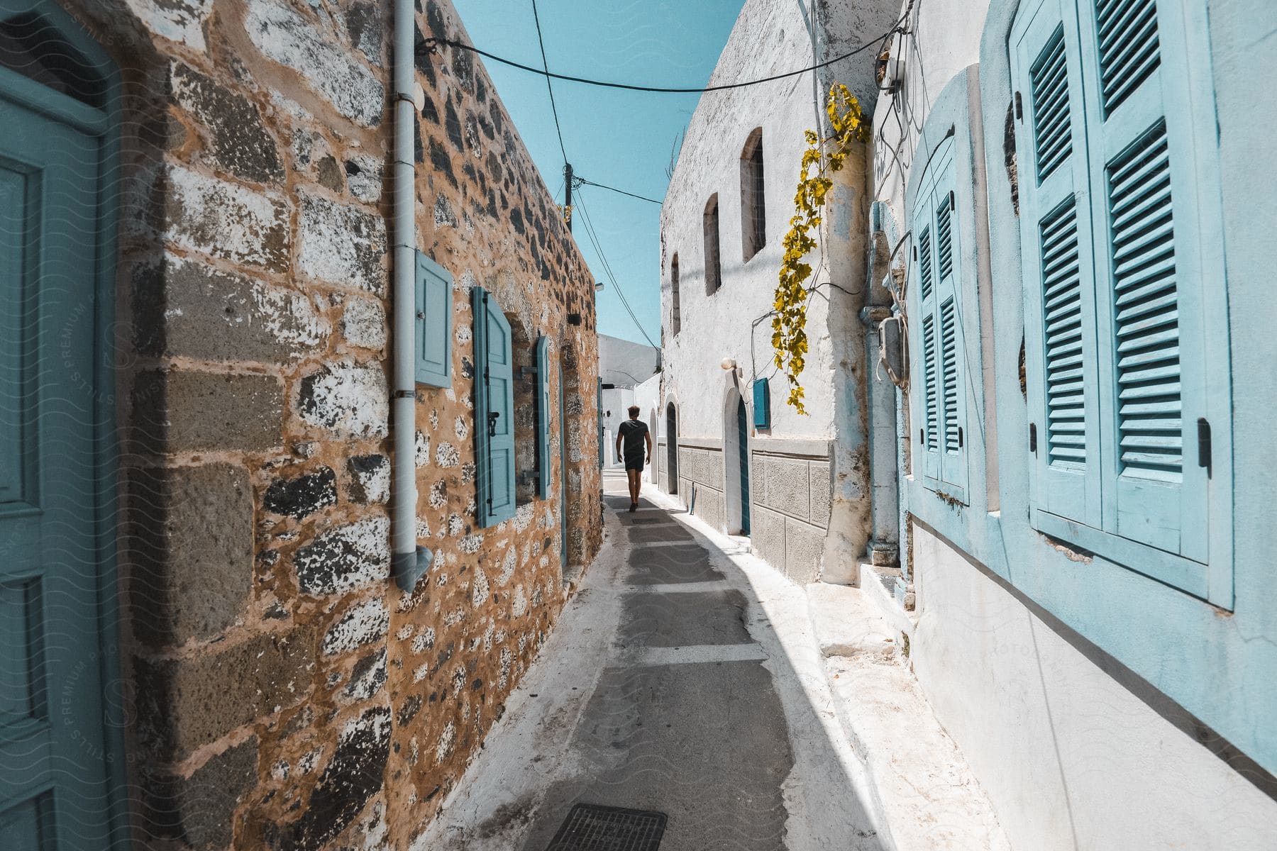 Man walking in a residential neighborhood in daylight.