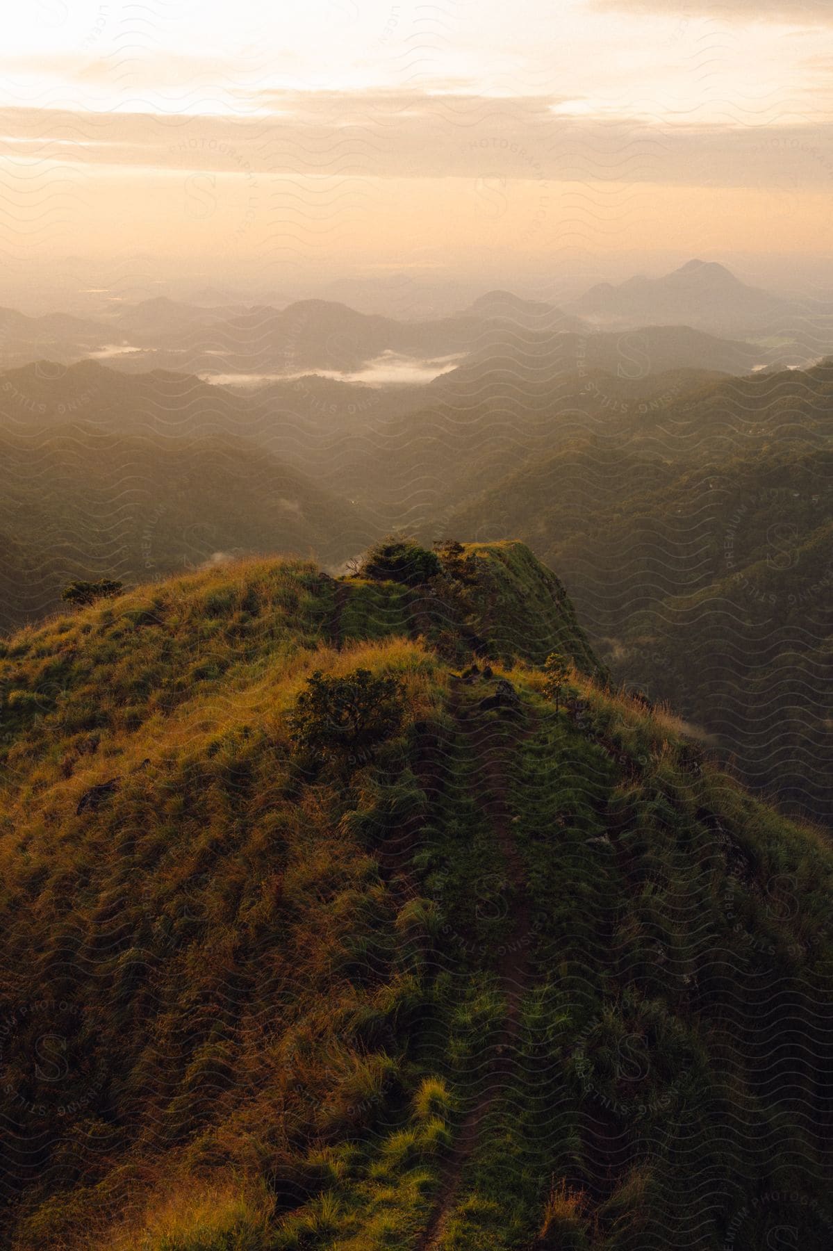 An aerial view captures a green mountain ridge overlooking a vast valley, illuminated by the warm glow of the setting sun.