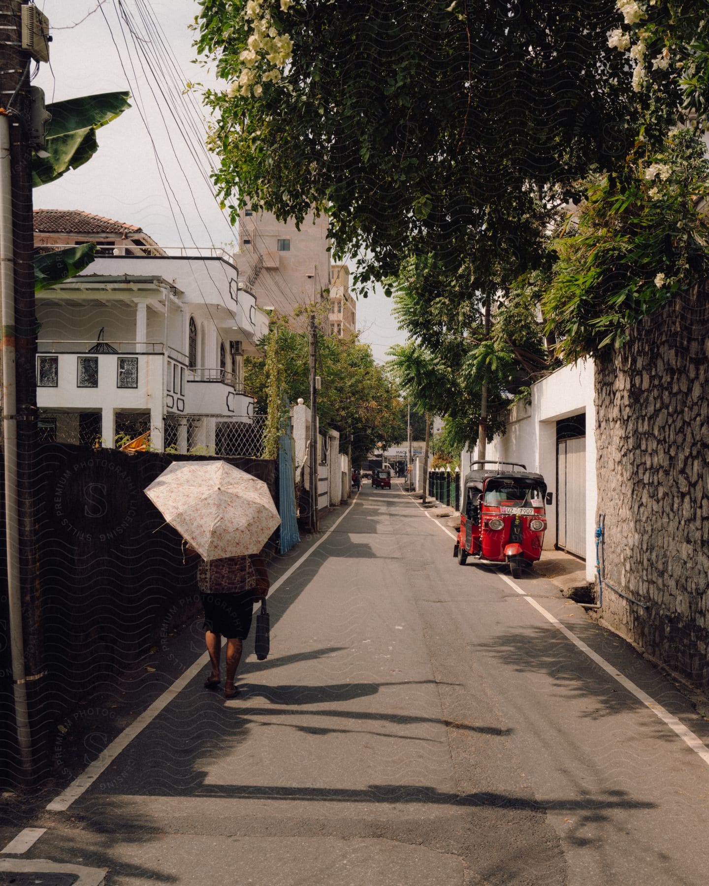 A pedestrian navigates a bustling street, umbrella raised beneath a white-flowered tree, while a vibrant red taxi waits amidst the surrounding buildings.  circle