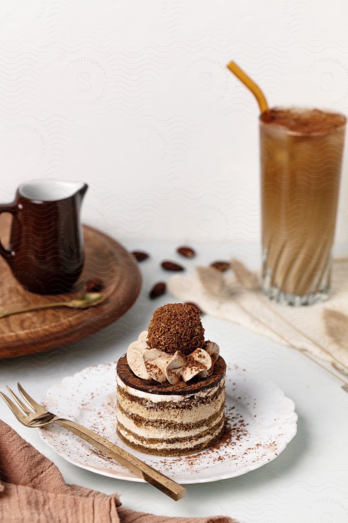 Stock photo of a slice of tiramisu cake sits on a white plate next to a glass of iced coffee.