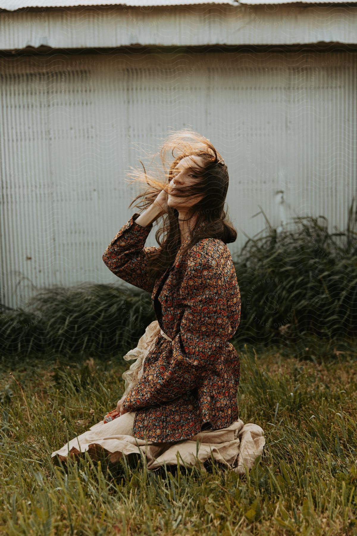 Model with colorful blazer sitting on the grass and her hair flying in the air