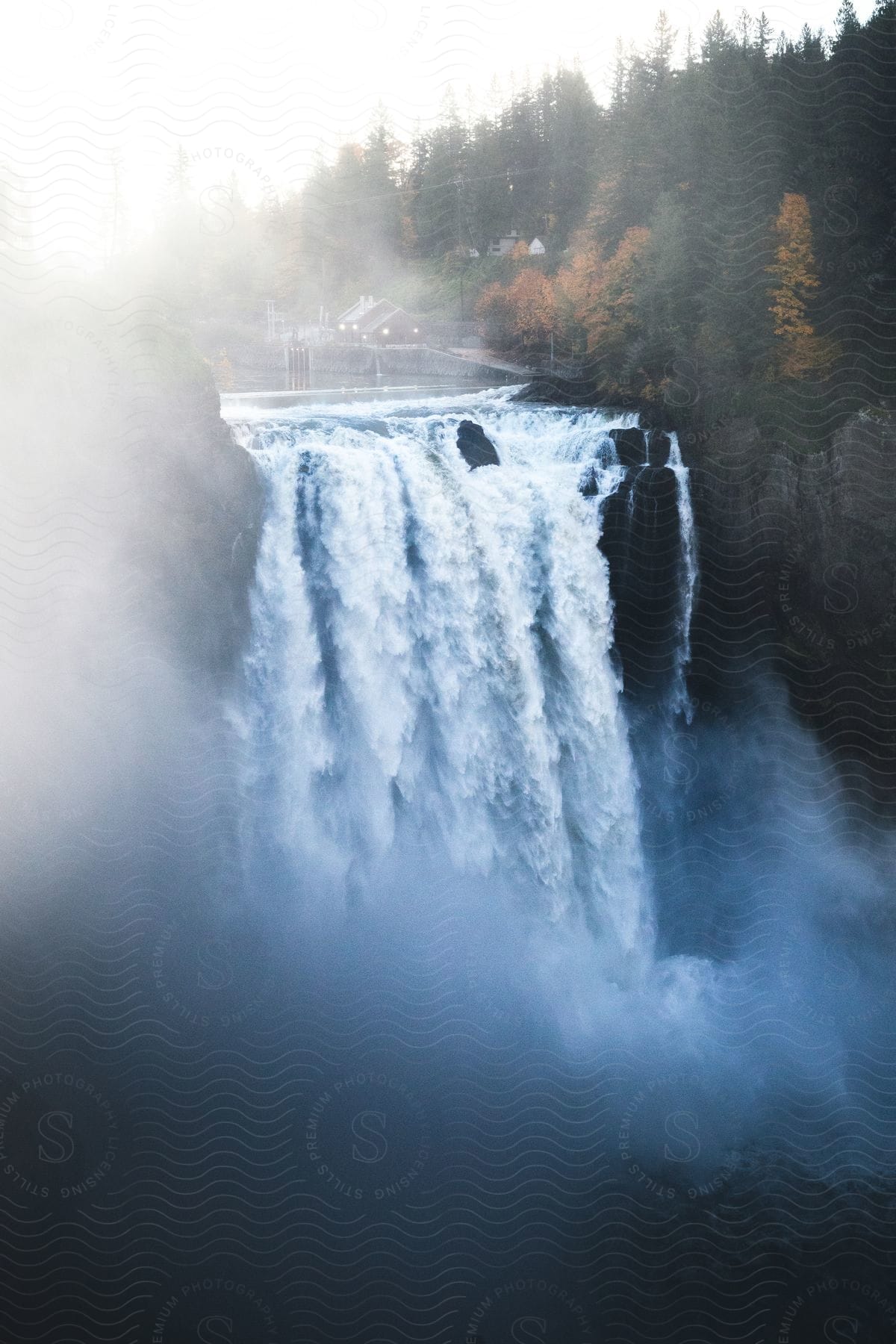 Stock photo of a river turns into a large waterfall