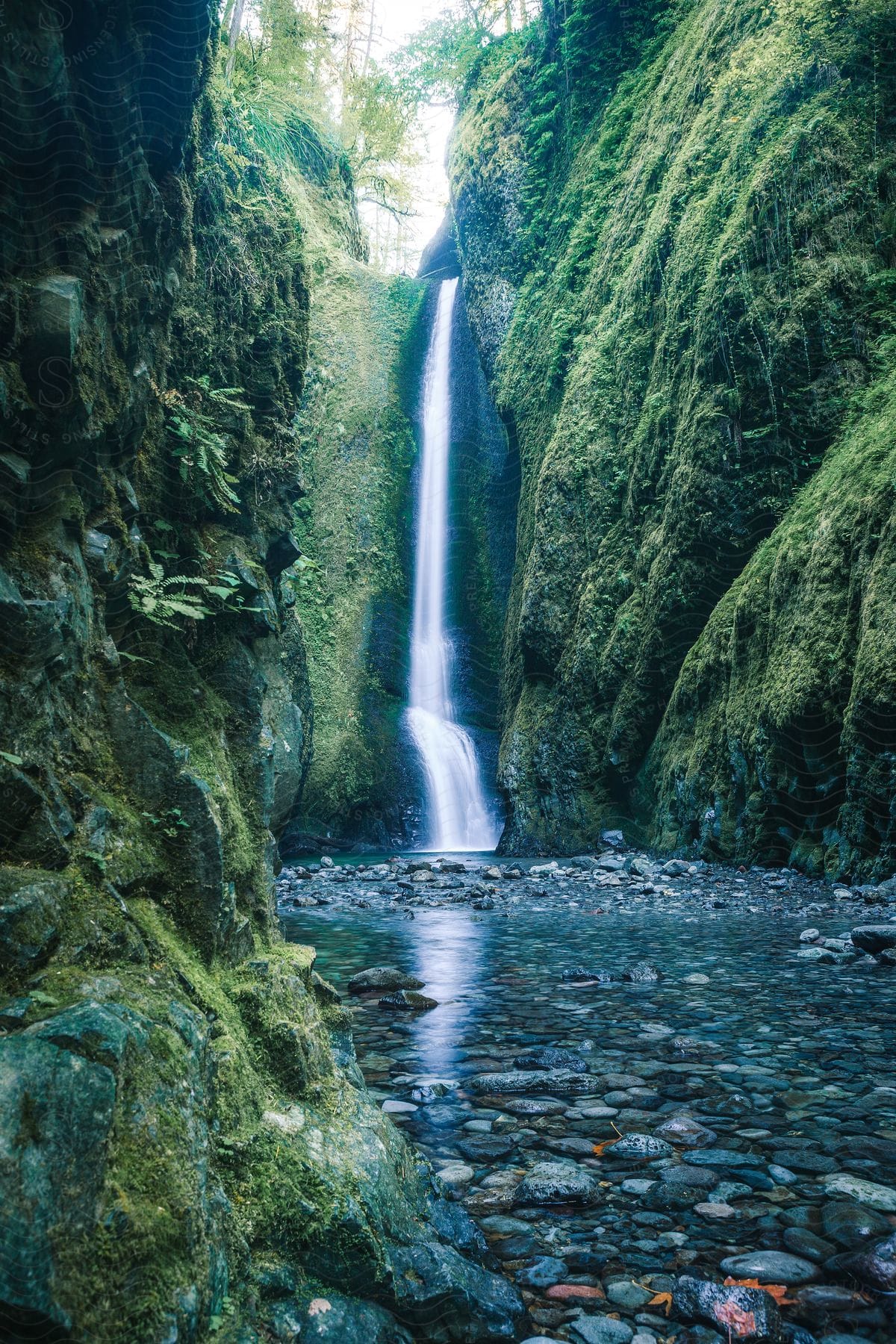 A tranquil scene of a narrow waterfall nestled between two large moss-covered rock formations. The water falls gracefully, creating an ethereal, misty atmosphere