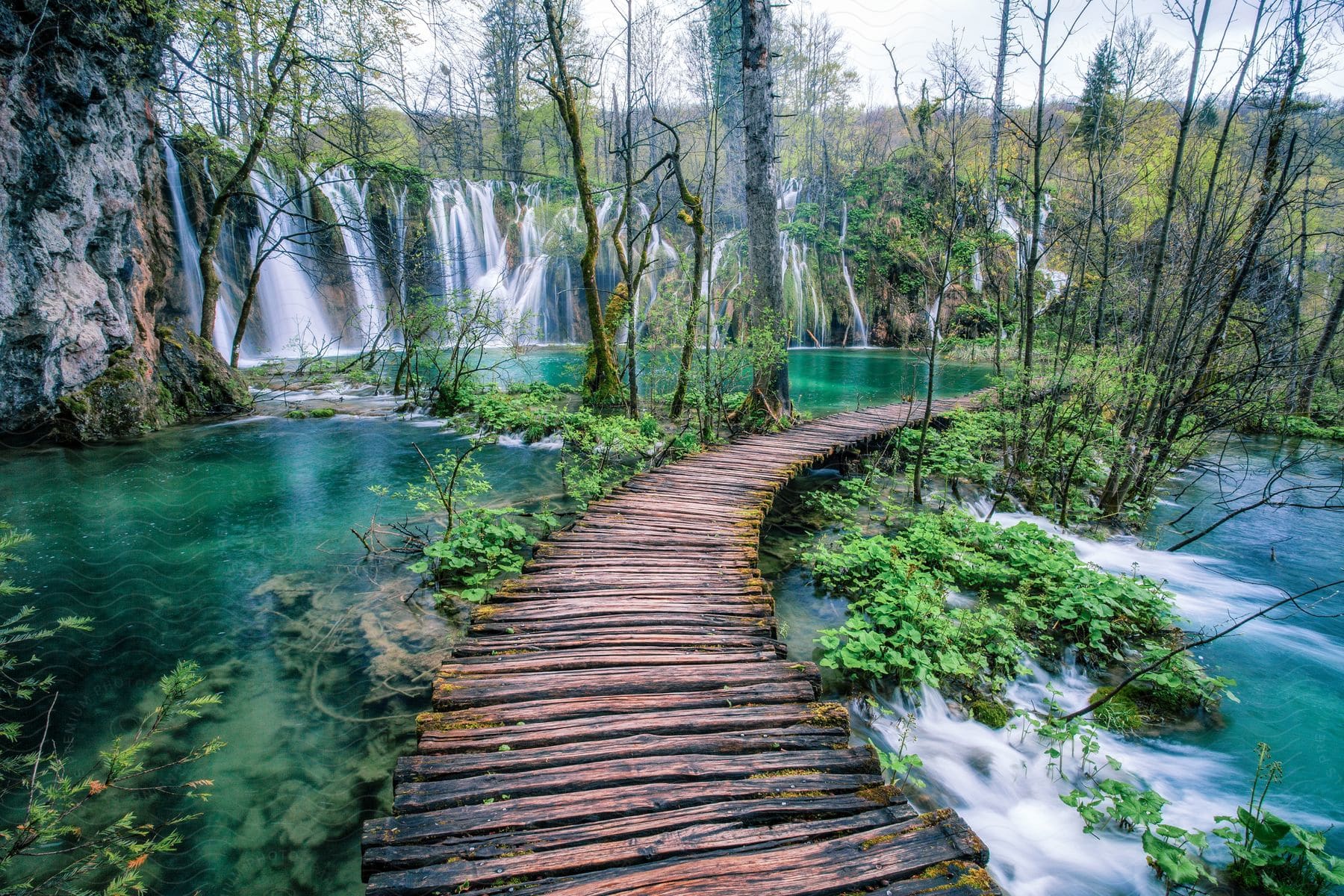 The landscape of Plitvice Lakes National Park during the daytime.