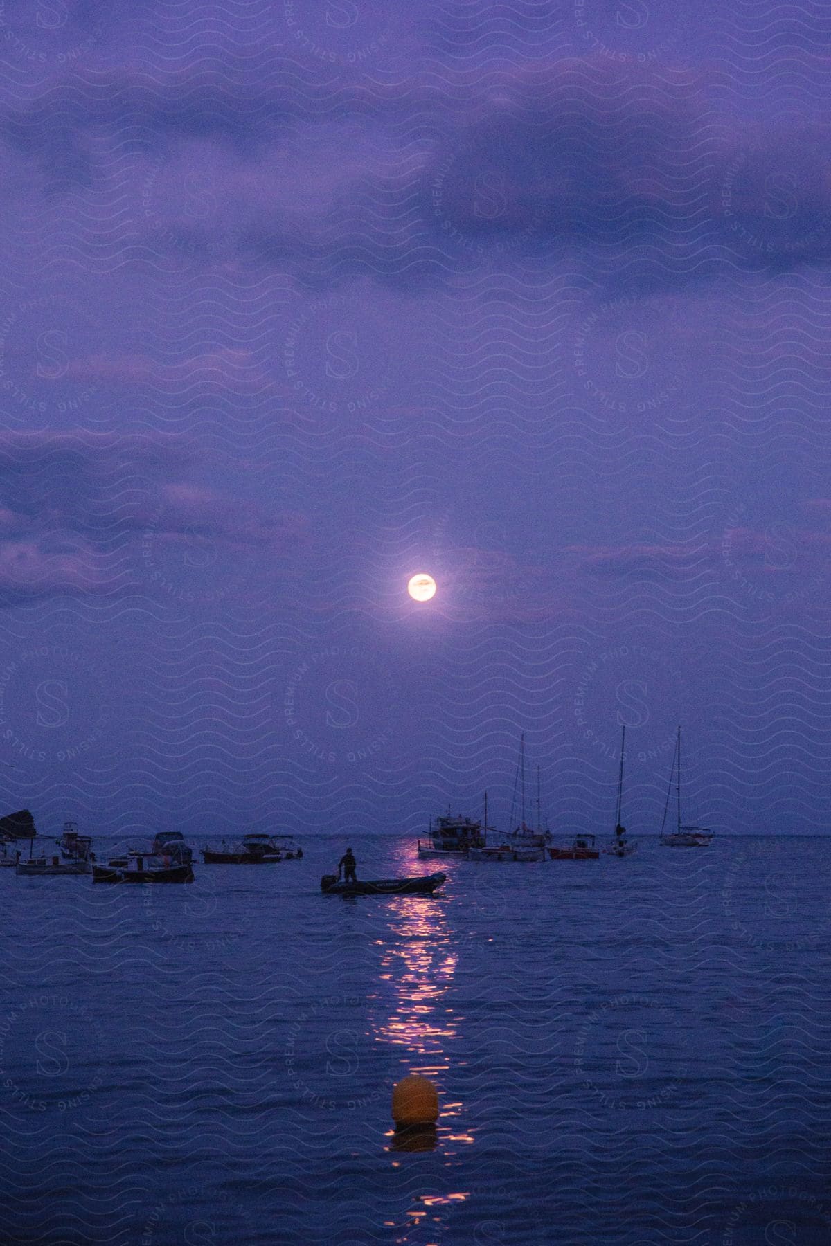 Sea landscape with fishing boats and moon in a purple night sky.