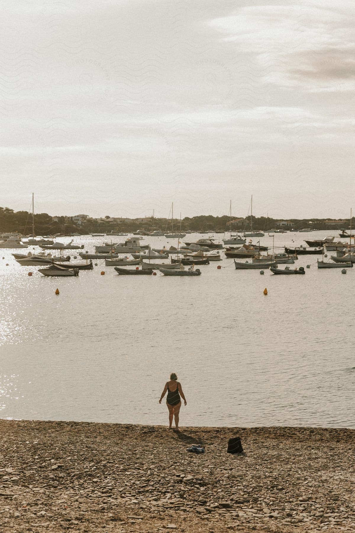 A person is standing at the edge of a lake, watching the boats anchored in the distance.