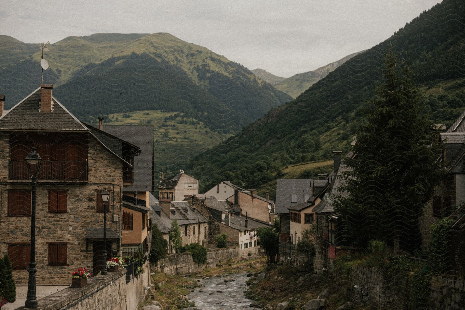 Houses in a village with wooded mountains around