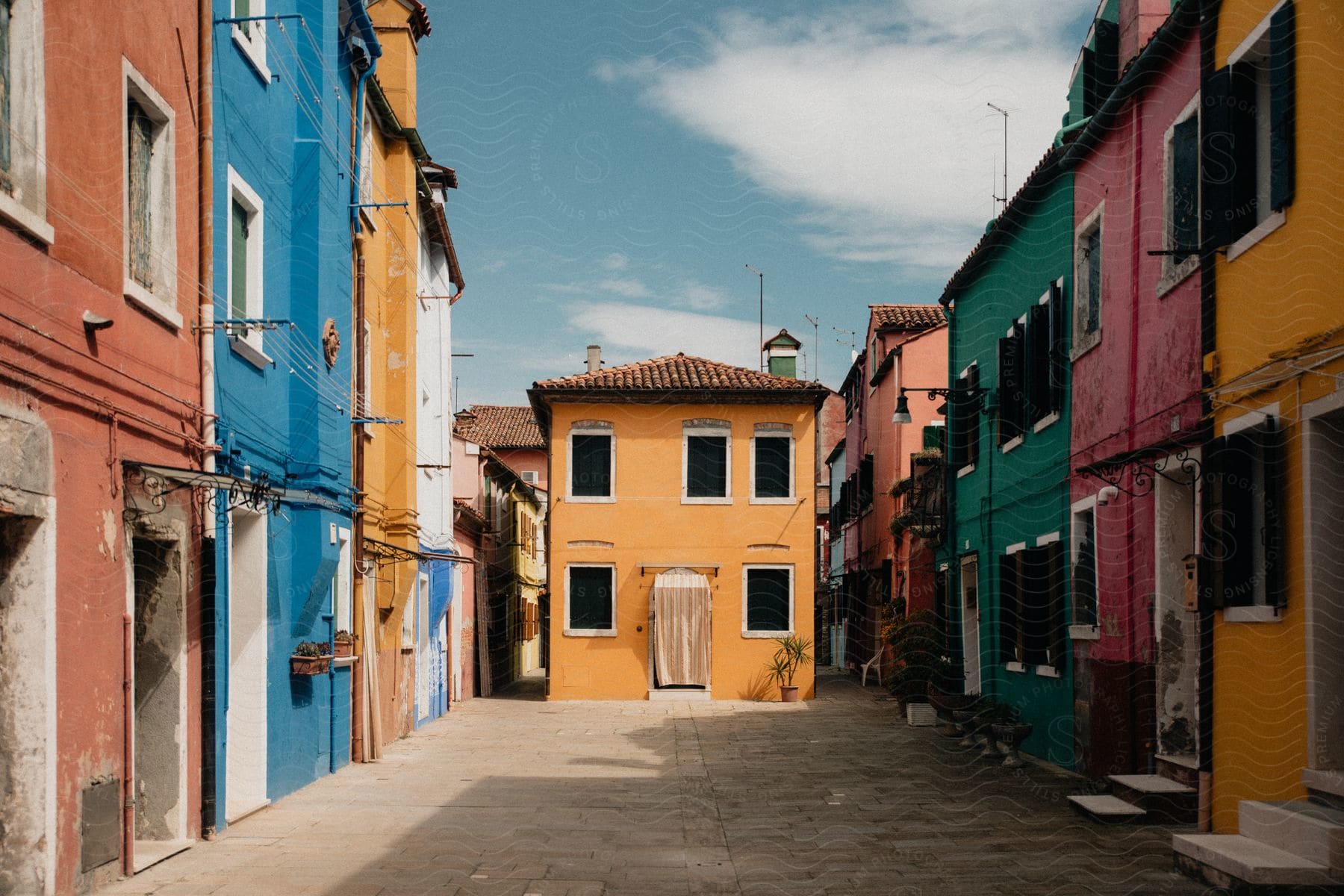 A colorful village lined with vibrantly painted houses under a clear sky. The houses are old, but have a rustic charm.