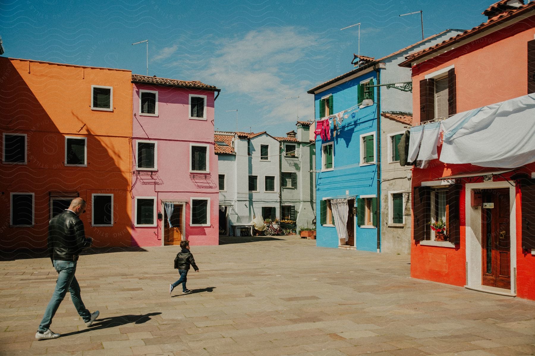 A sunny day in a square surrounded by colorful houses. A person and a child are walking through the square.