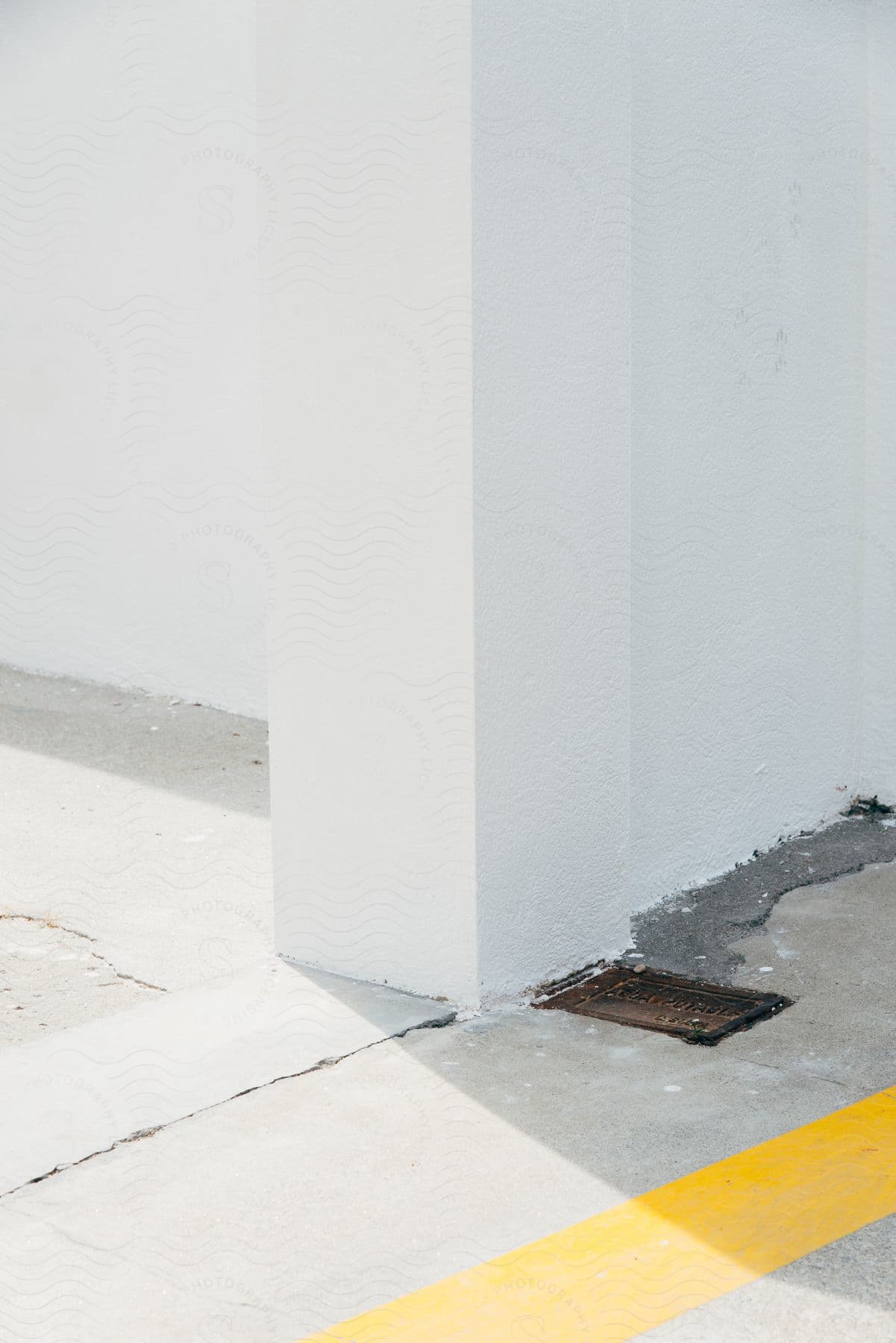 A white wall corner meets a concrete floor with a drain and a yellow line across the floor