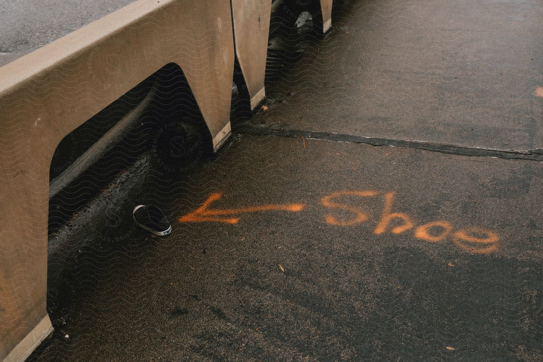 A single shoe near a barrier on wet pavement with the word “Shoe” spray-painted next to it