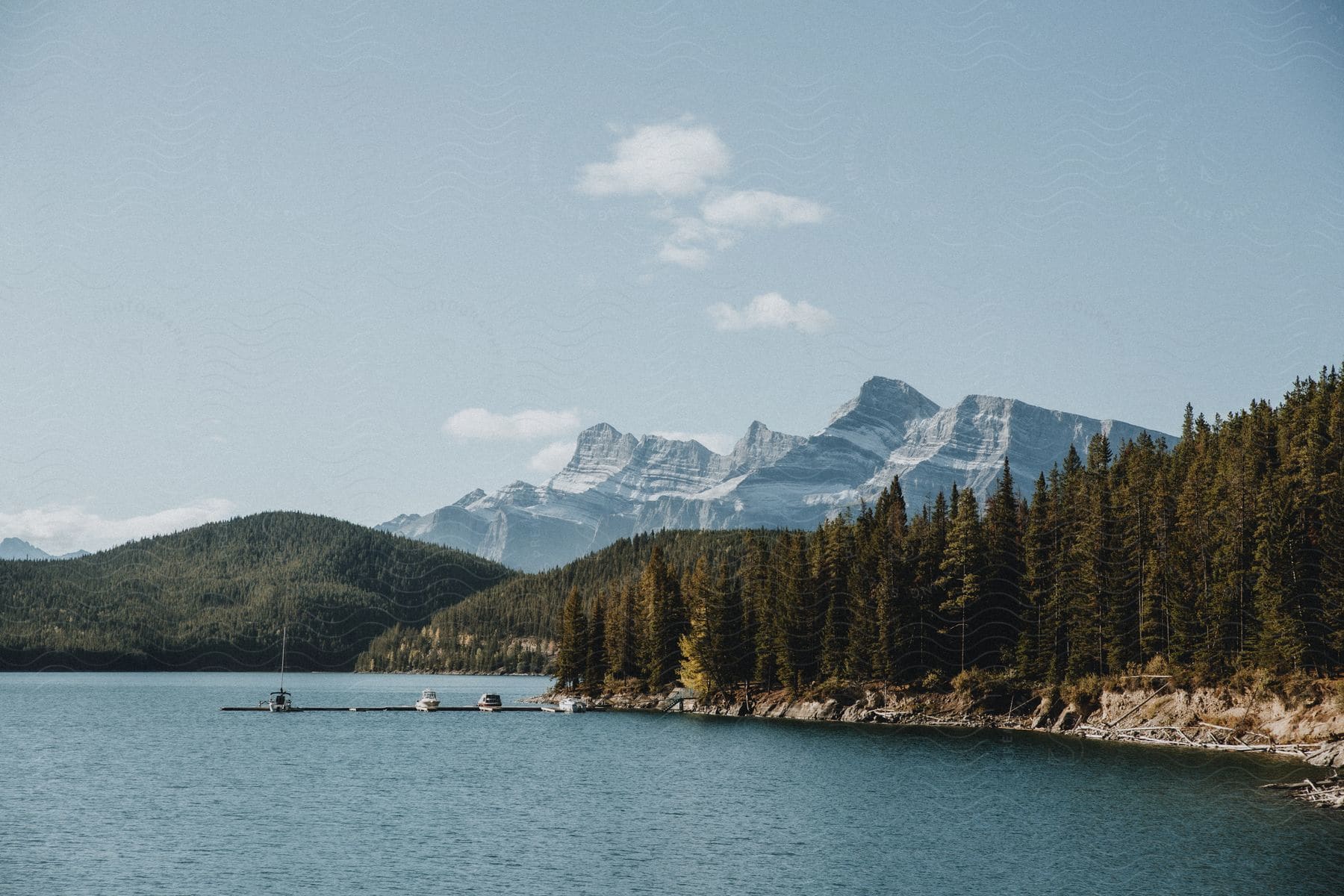 Serene lake surrounded by dense forests next to the mountains