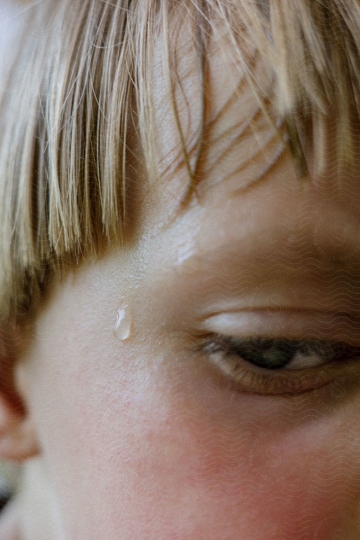 Close-up of a child's face with a drop of sweat on their cheek and blonde hair partially covering the forehead.