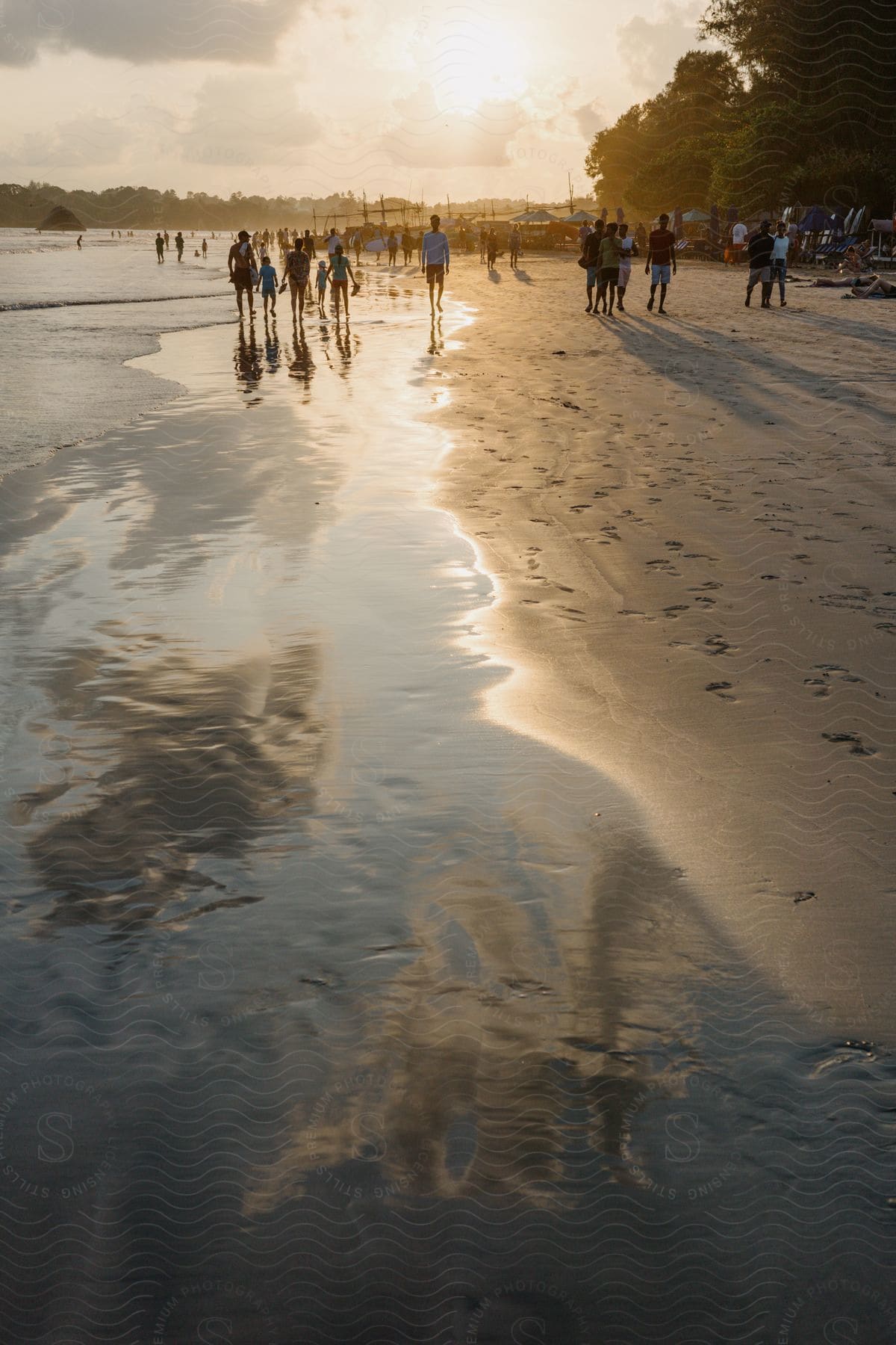 People walking along a sandy beach at sunset, with reflections on the wet sand and silhouettes of trees in the background.People walking along a sandy beach at sunset, with reflections on the wet sand and silhouettes of trees in the background.