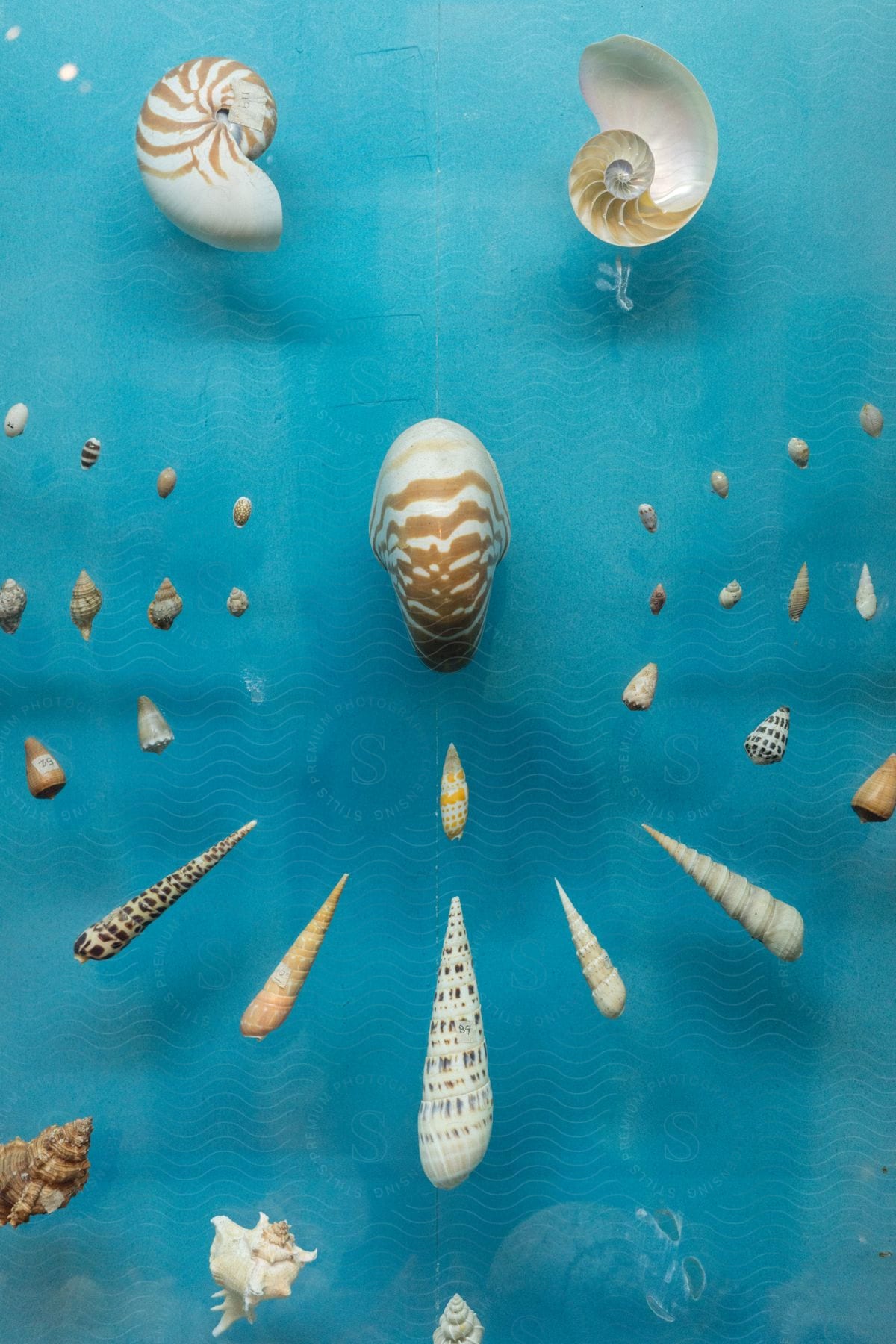 A collection of seashells set against a vibrant blue background.