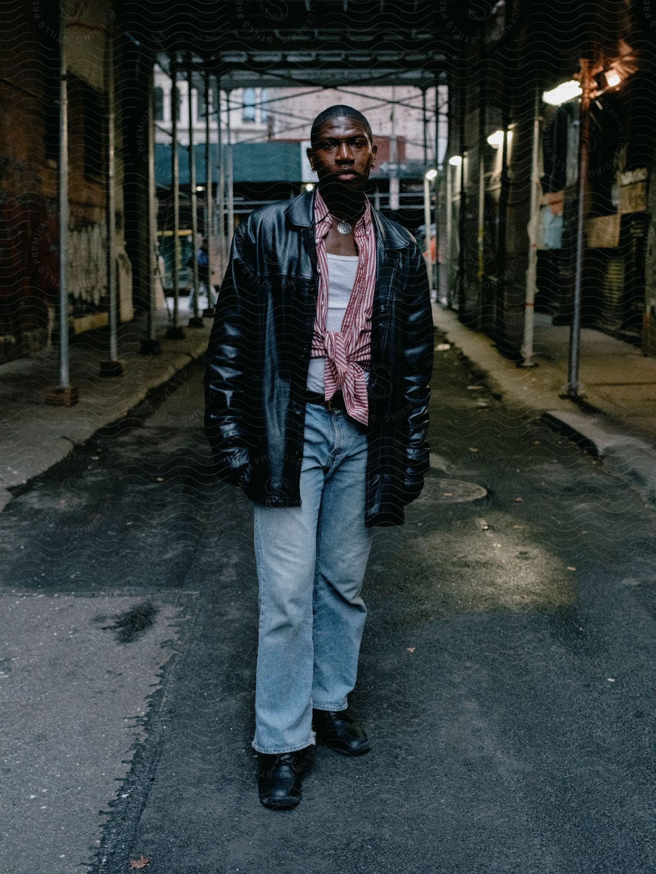 Black male model in a black leather jacket and jeans in a covered alley.