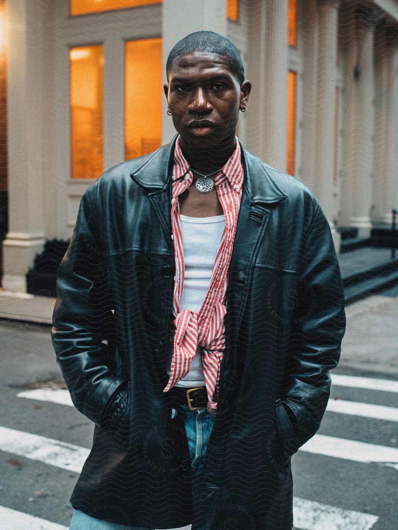 Model man posing on a city street in a leather jacket and a silver necklace