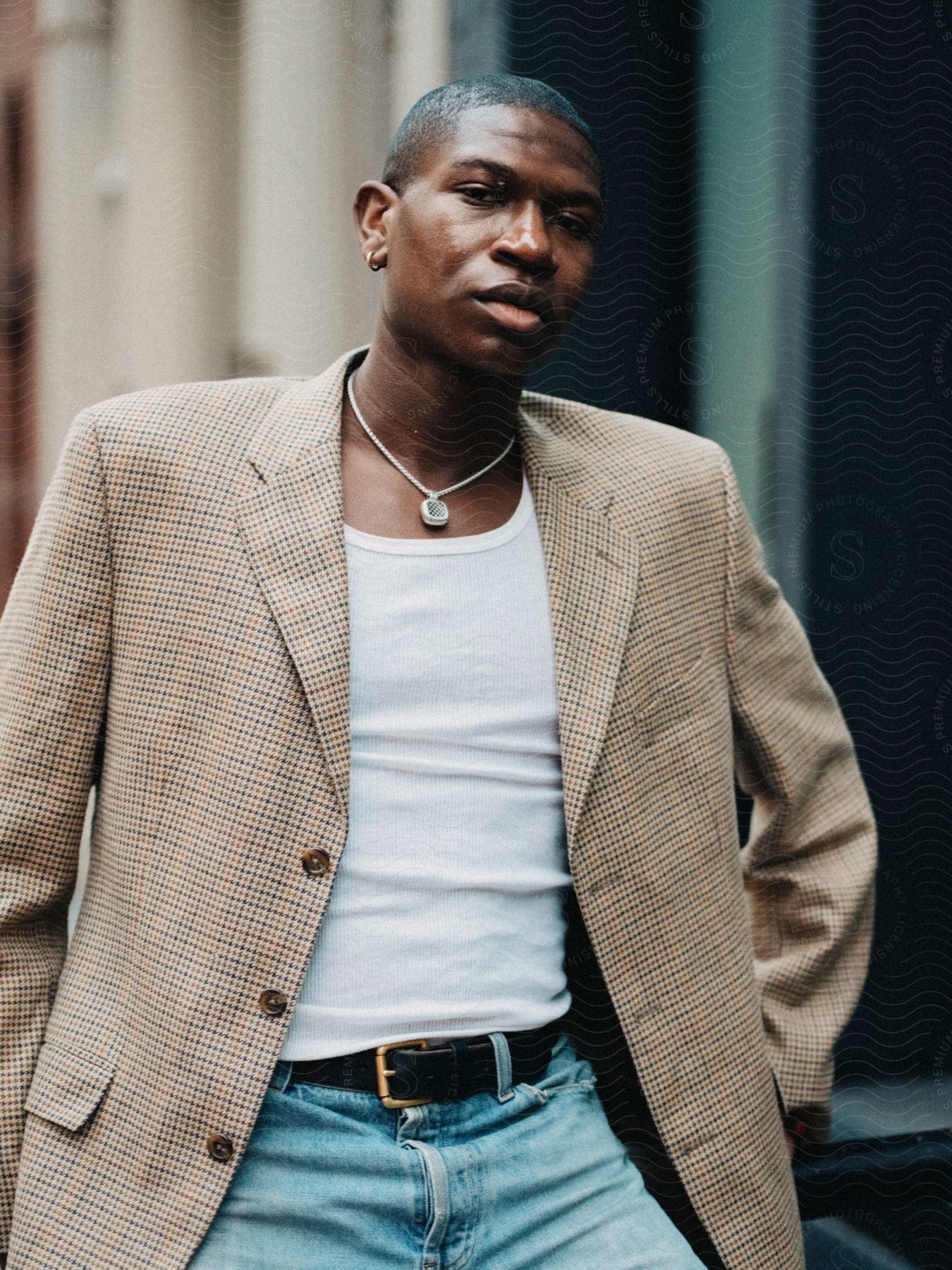 Man wearing a blazer over a white blouse and blue jeans.