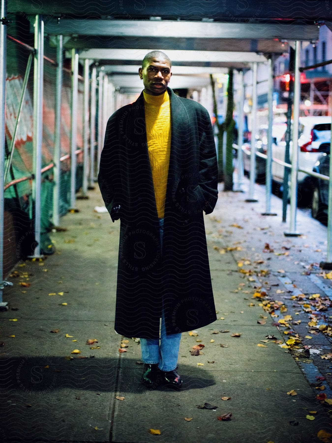 A person stands under scaffolding at night, wearing a black coat and yellow shirt