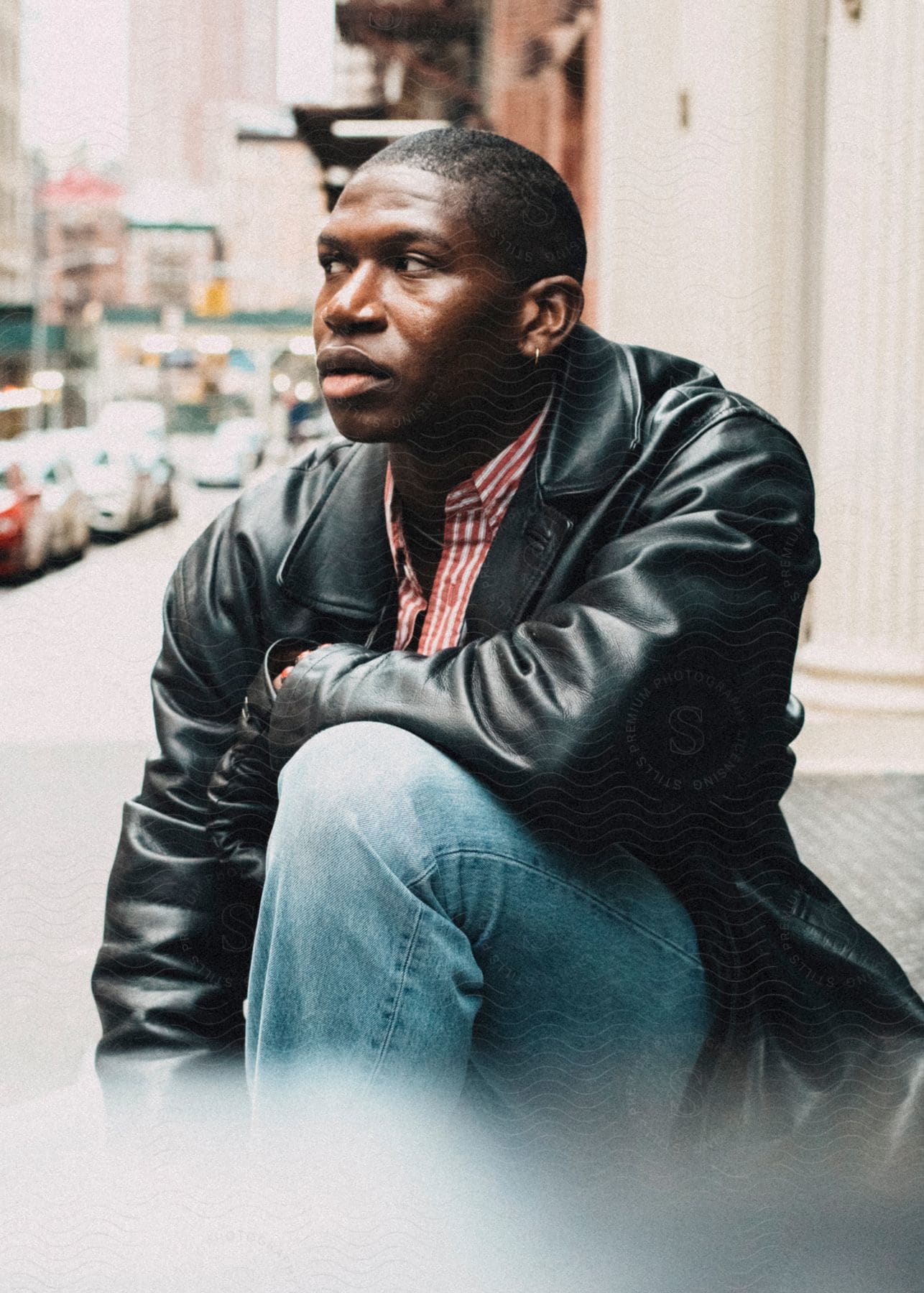 A man sitting on the sidewalk in an urban environment, wearing a black leather jacket, blue jeans and a red and white checkered shirt.
