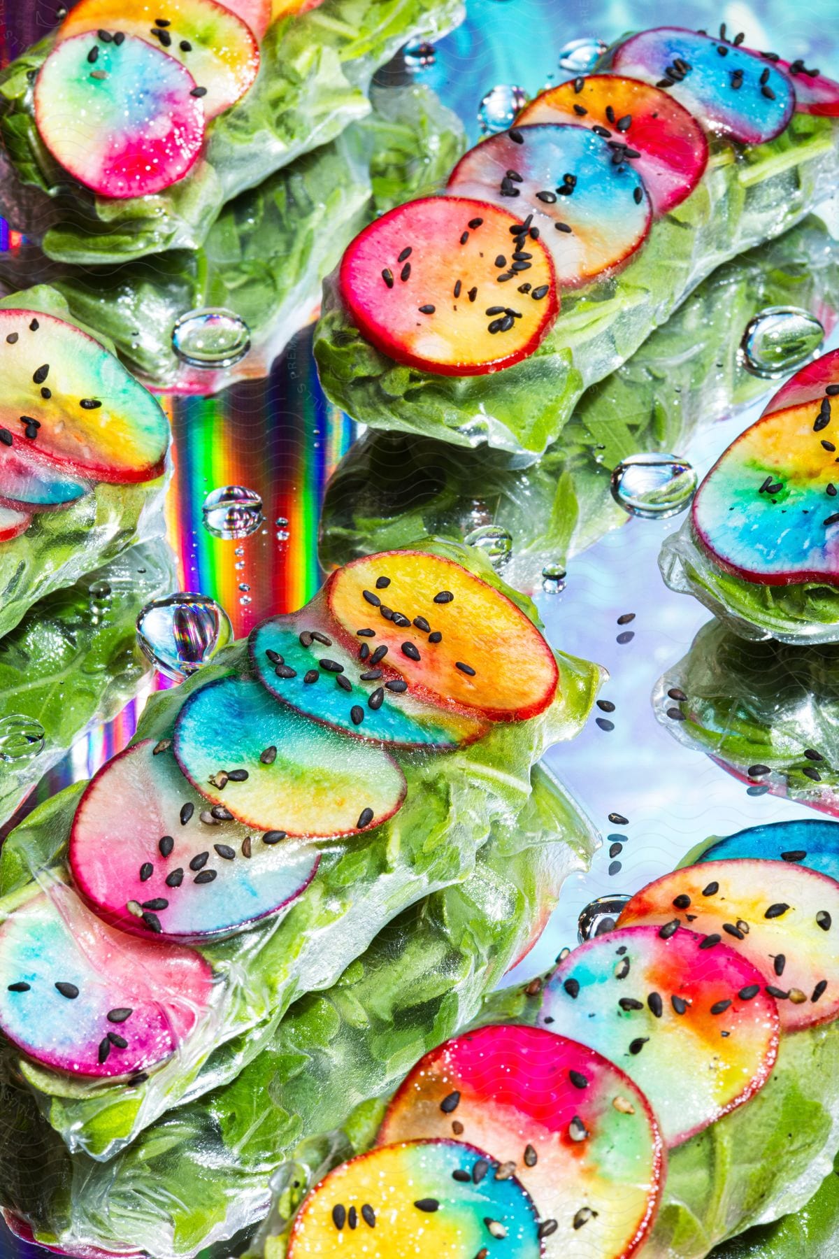 A painting of a colorful salad with sliced radishes dyed in various colors and water droplets on the leaves