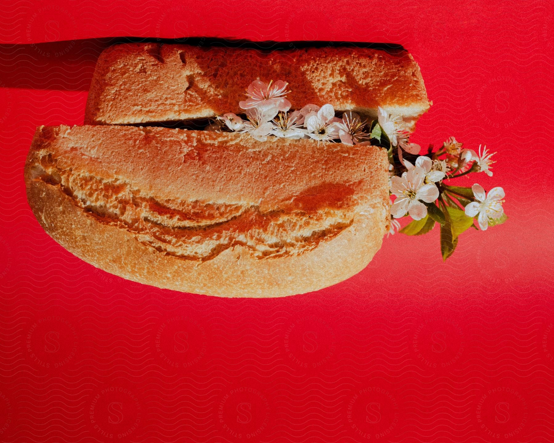 A loaf of bread cut in half with flowers spilling out against a red background