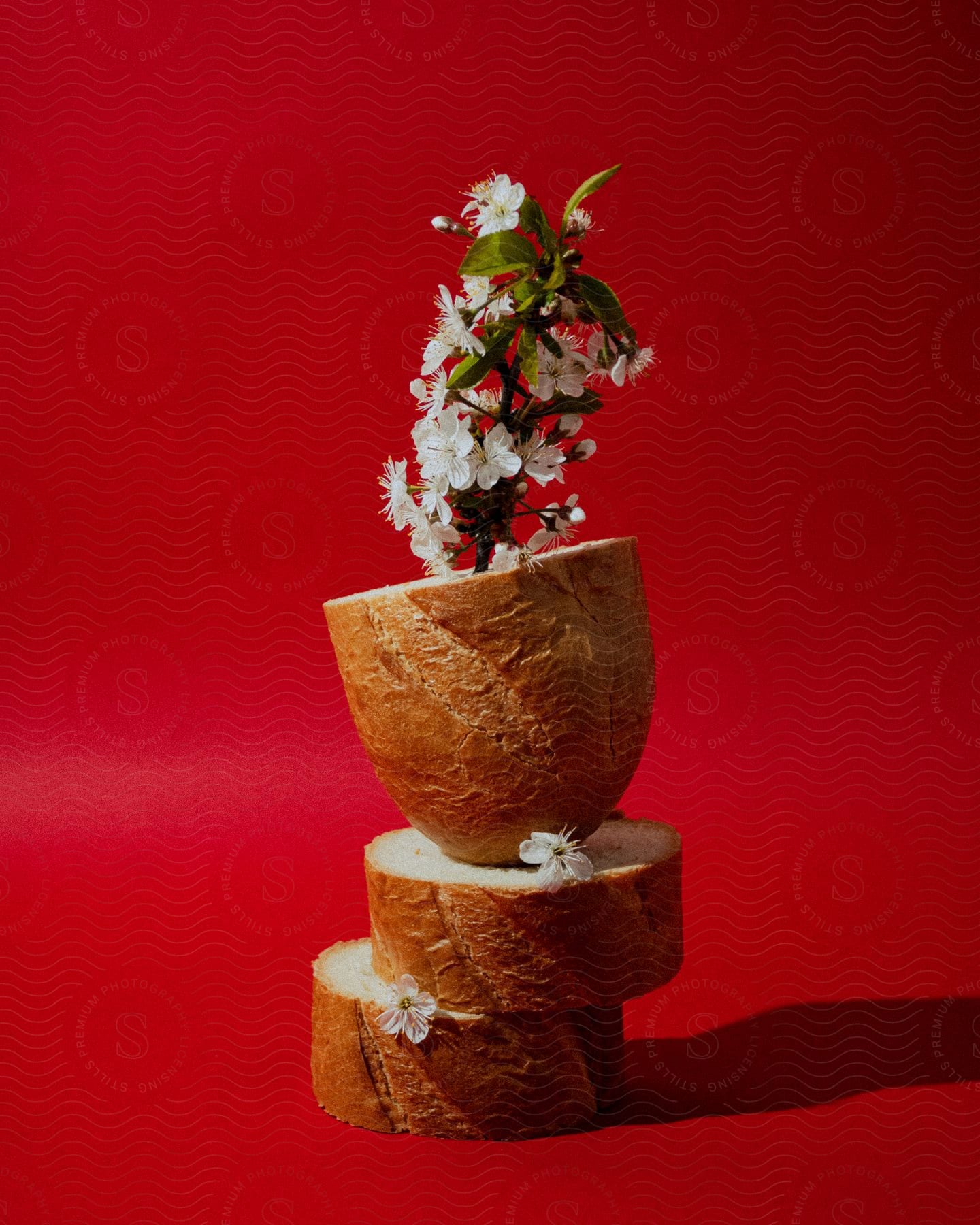 A branch with white flowers emerges from a crusty bread bowl atop two slices against a red backdrop