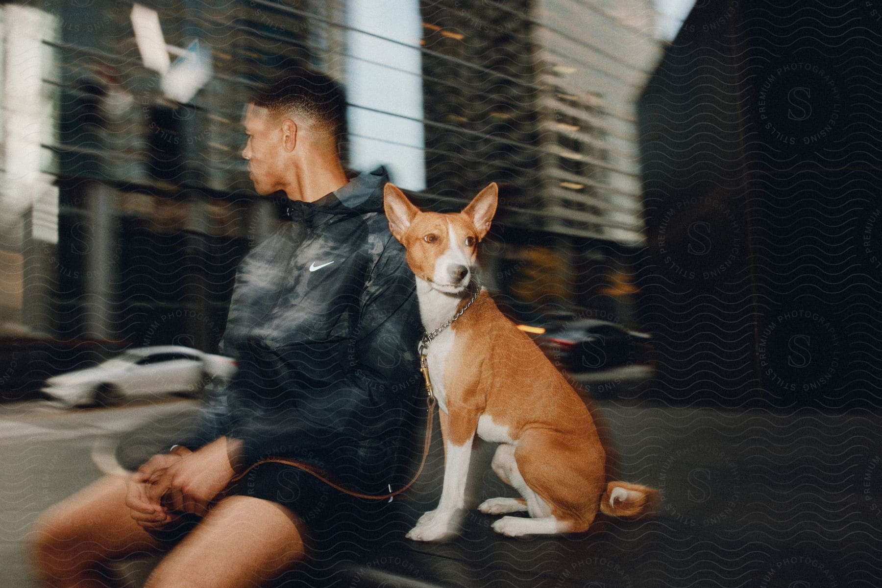 Man in sports jacket and dog sitting next to him on an urban sidewalk, with modern buildings in the background and a blurred motion effect around.