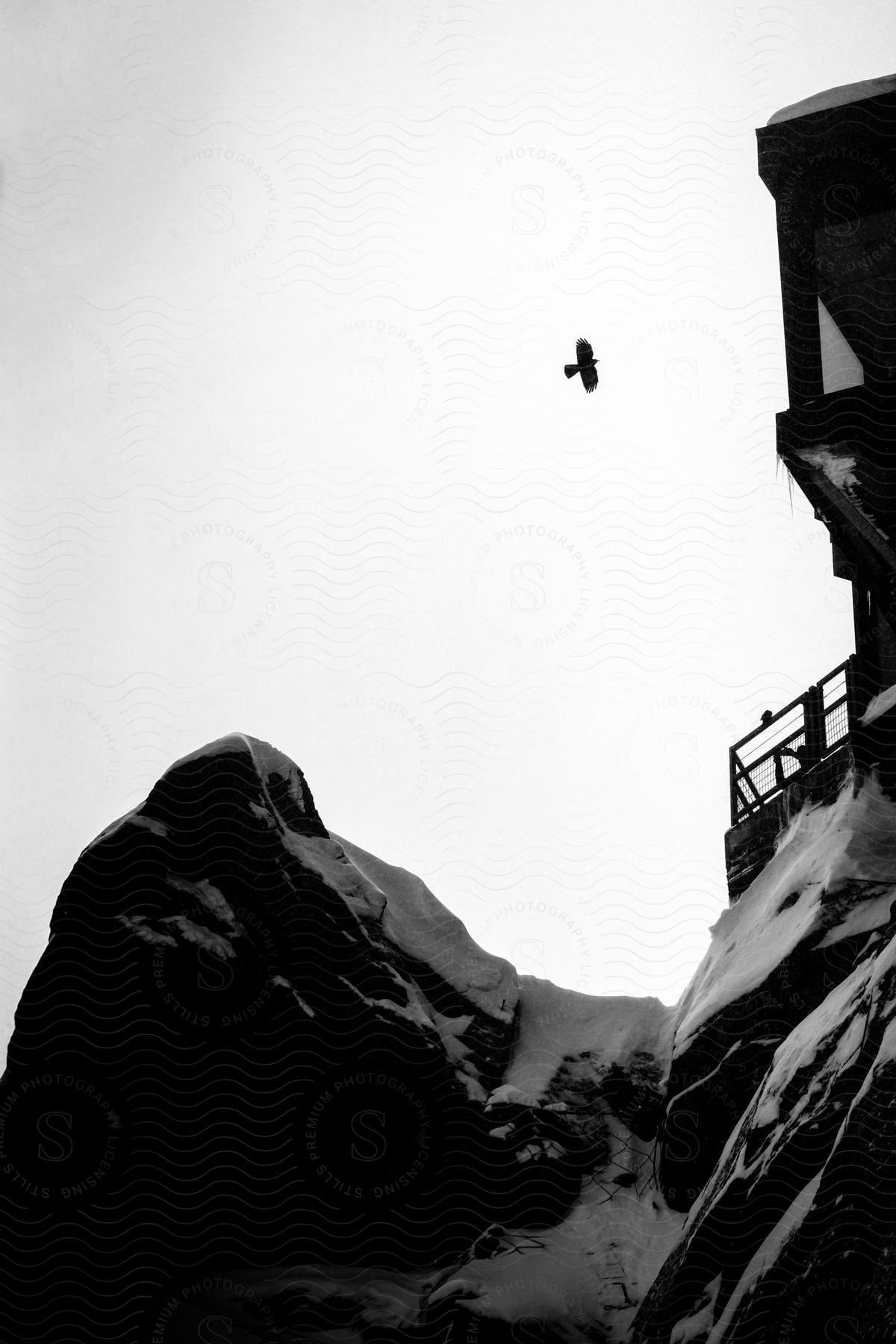 Edge of a building on the edge of a mountain with snow and a flying past.