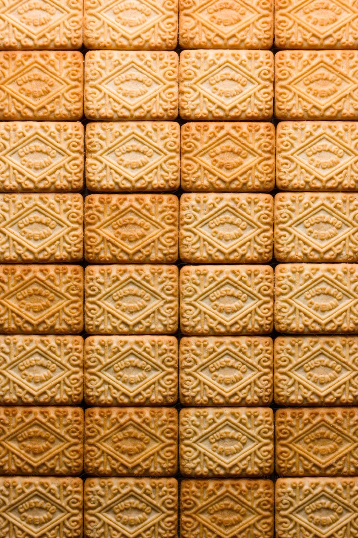 A sheet of custard cream biscuits laid end to end