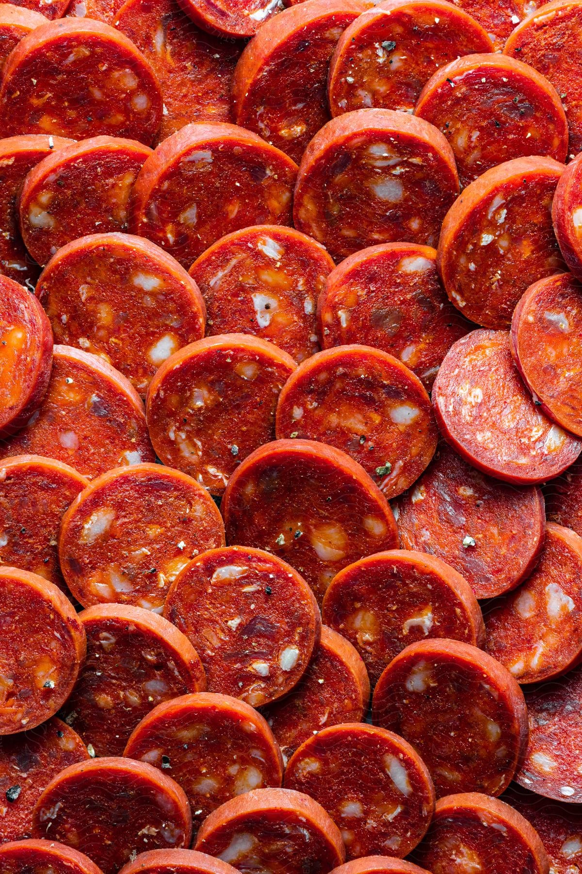 A series of pepperoni slices are stacked on top of each other.