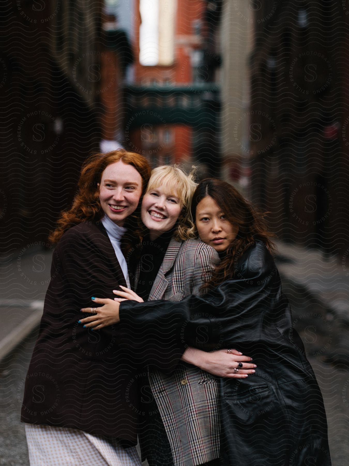 Three young women hug each other while standing and smiling in an urban area.