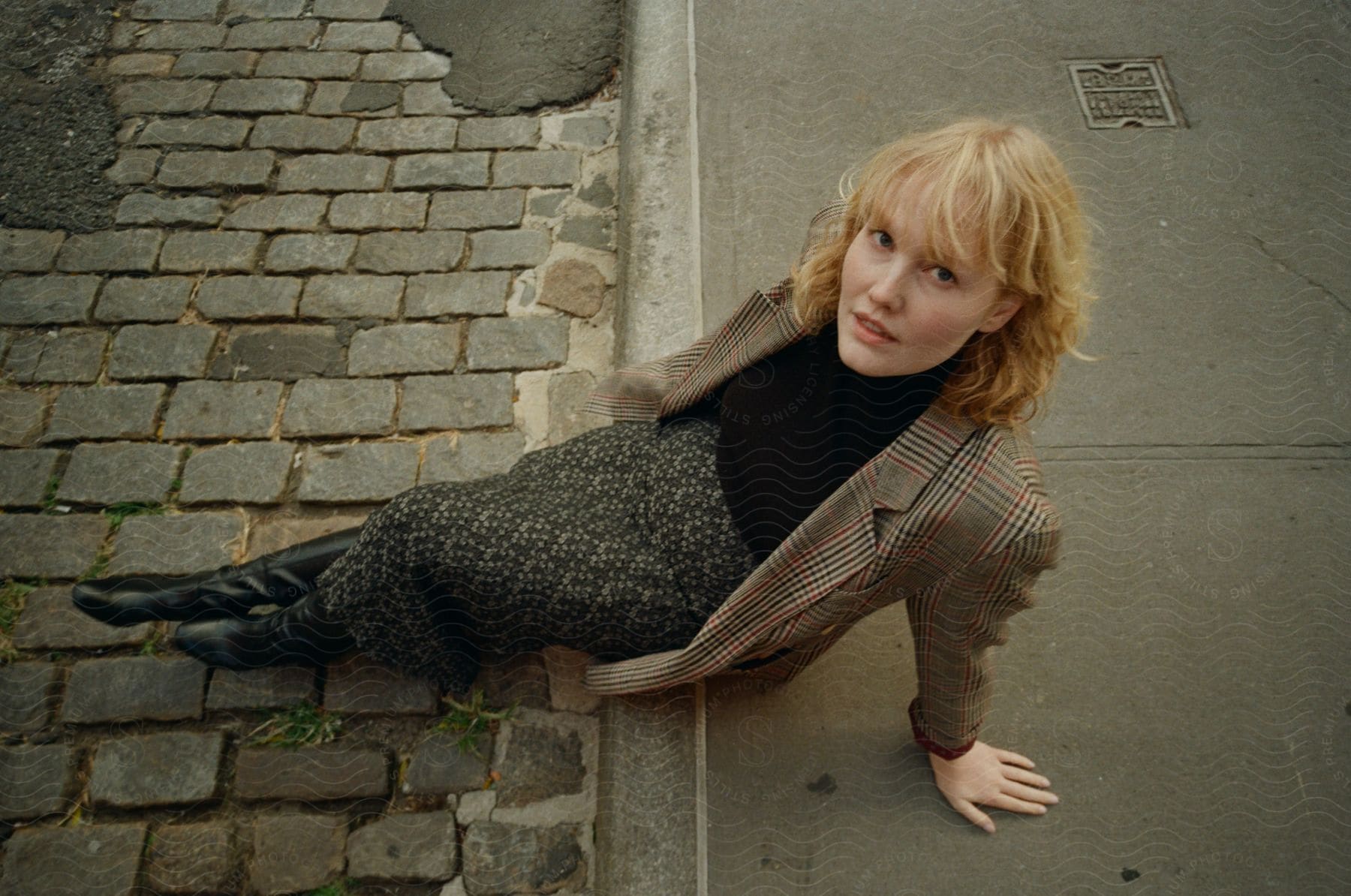 The person is sitting on the edge of a sidewalk, their face obscured, wearing a coat and boots.