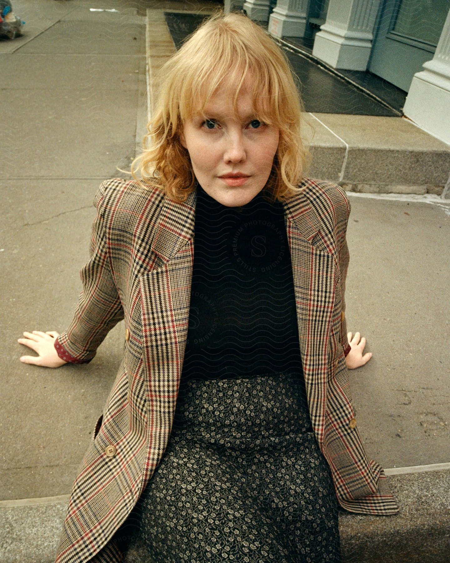 A blonde woman wearing a black top a blazer jacket and a skirt sits on a curb on the street