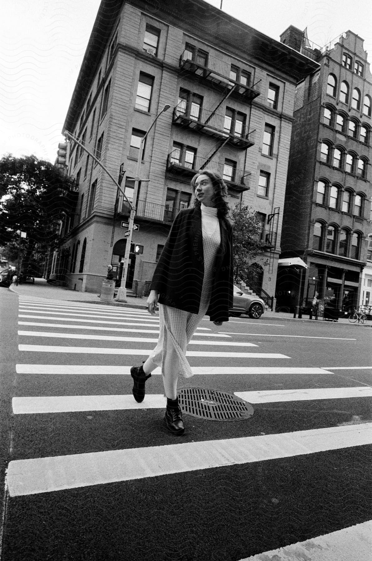 A black and white clip of a lady crossing the road.