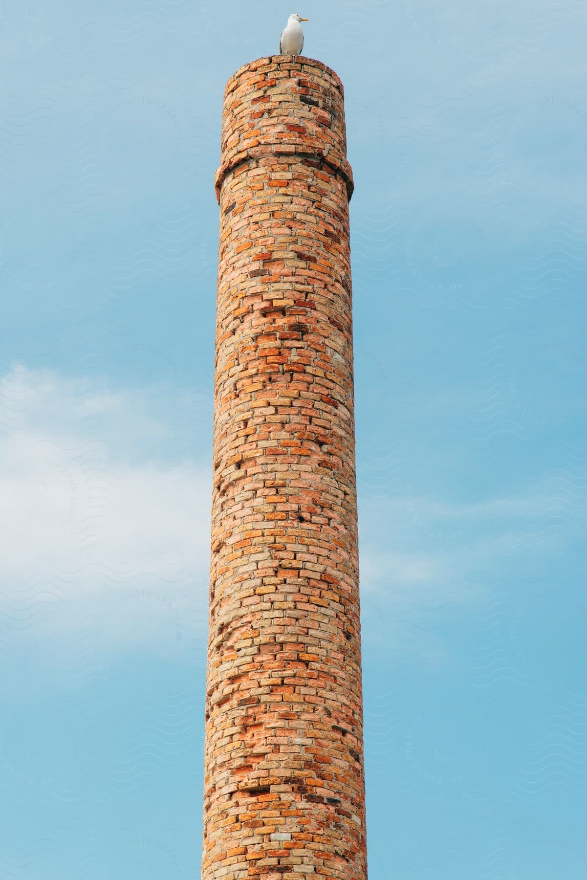 Tall brick chimney against a blue sky and a single white bird perched on top.