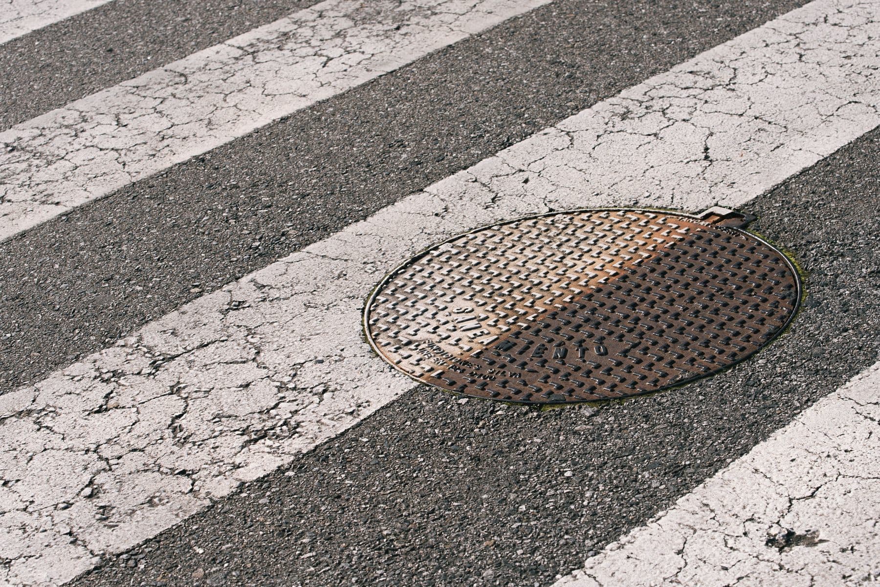 An asphalt with white crosswalk stripes and a manhole cover.