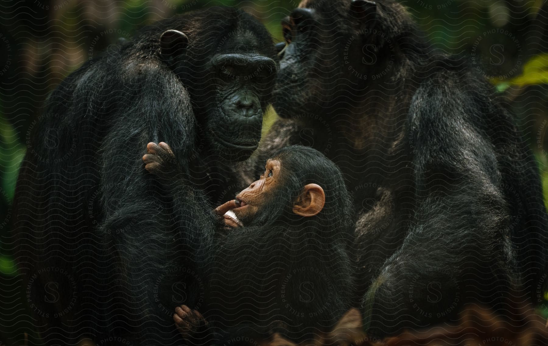 Three chimpanzees are in a close gathering hugging each other